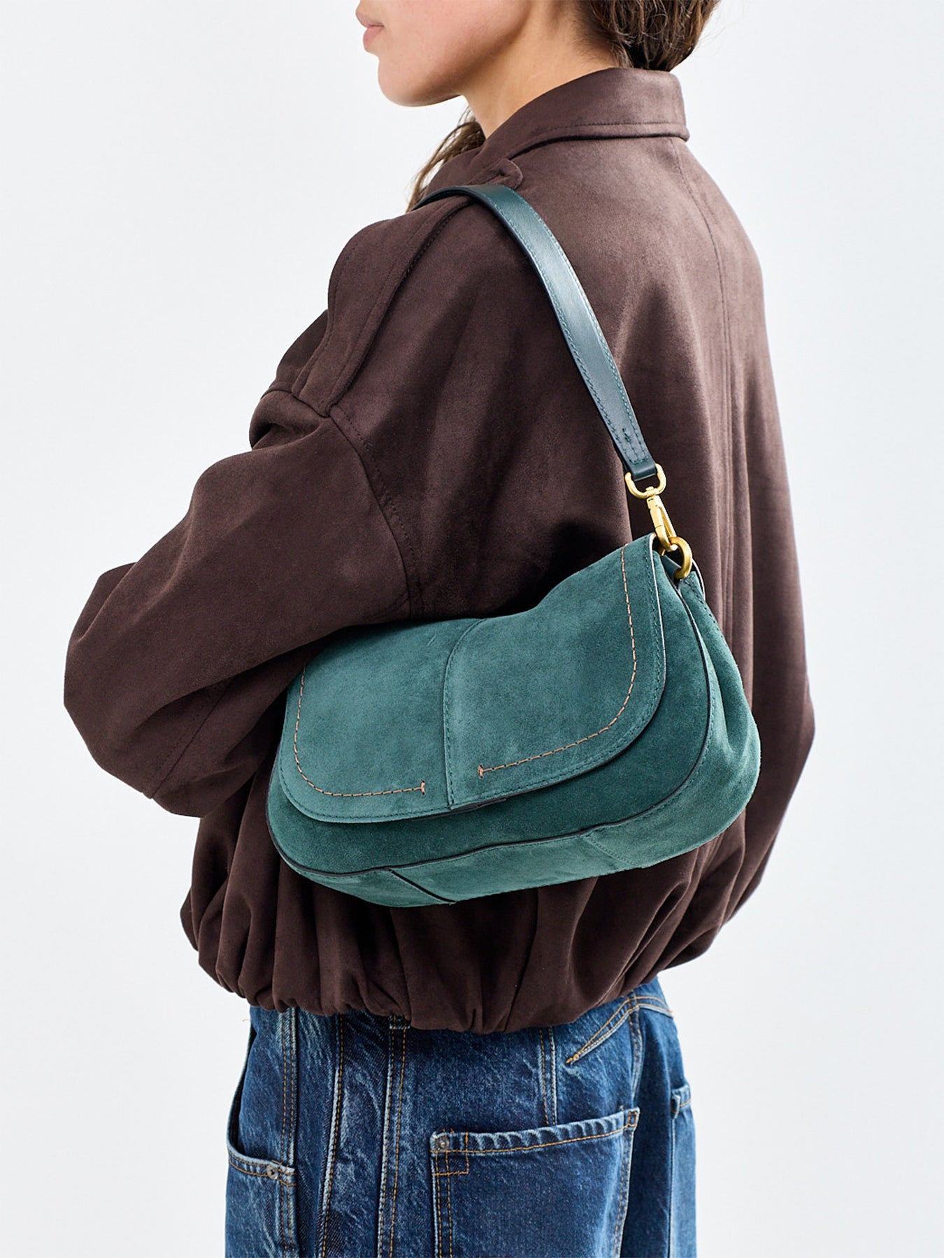 Helena Round Suede Leather Shoulder Bag Green
