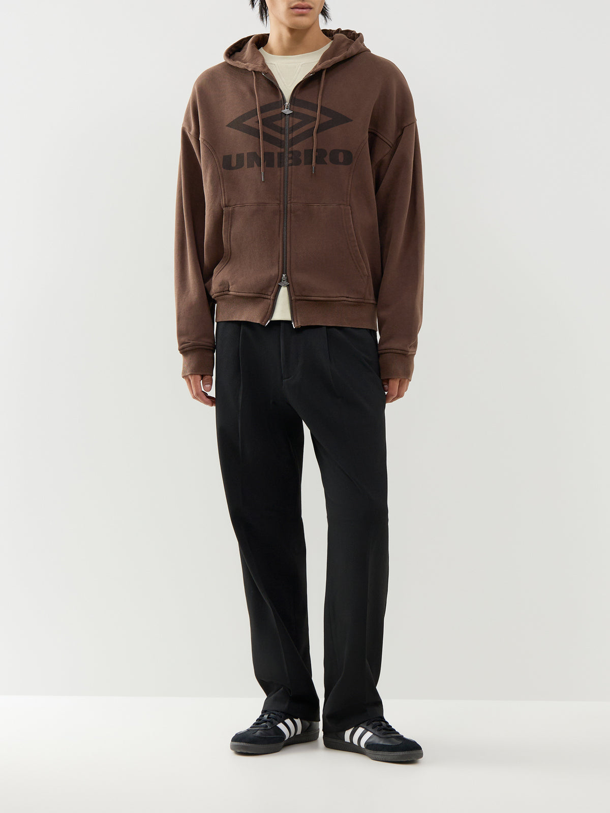 Cotton Washed Zip-Through Hoodie – Brown & Black