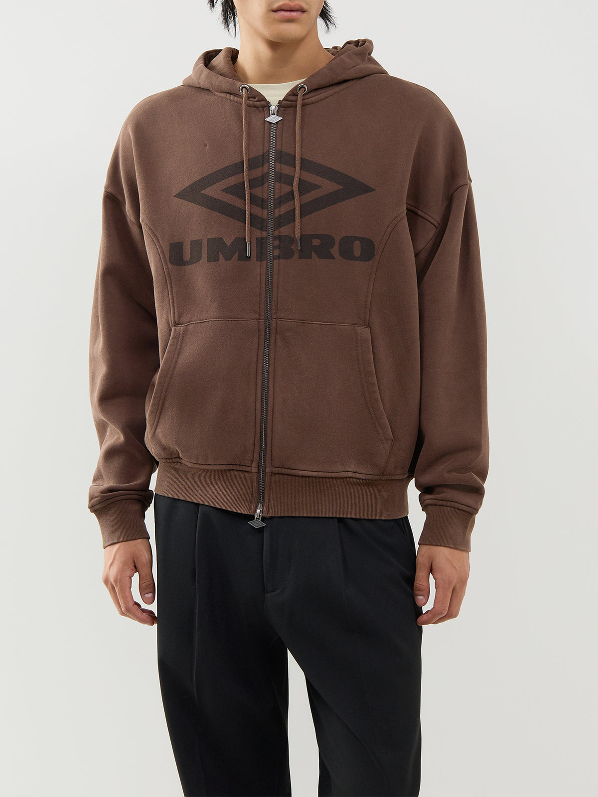 Cotton Washed Zip-Through Hoodie – Brown & Black
