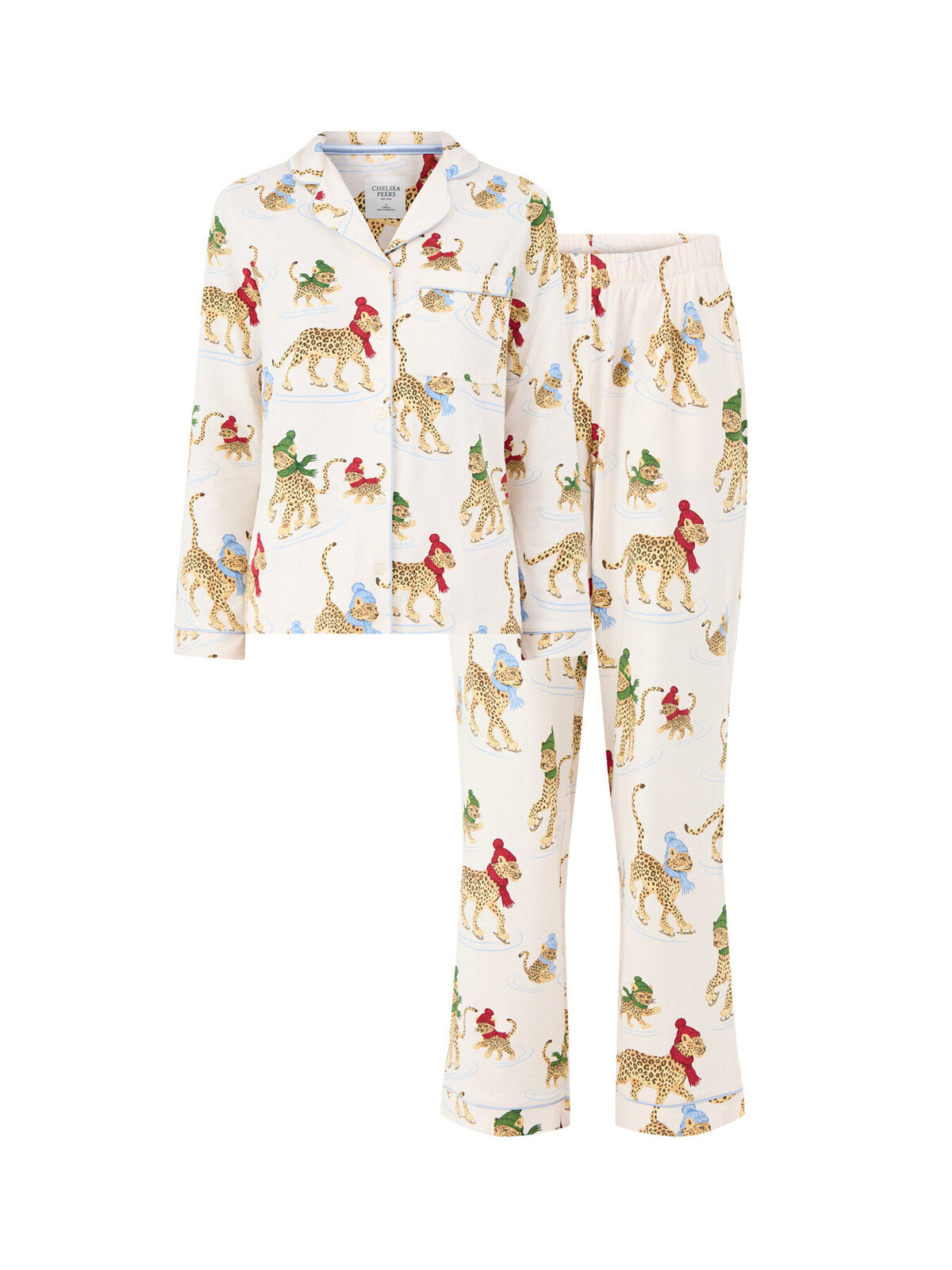 Ice Skating Leopards Organic Cotton Long Pyjama Set - White