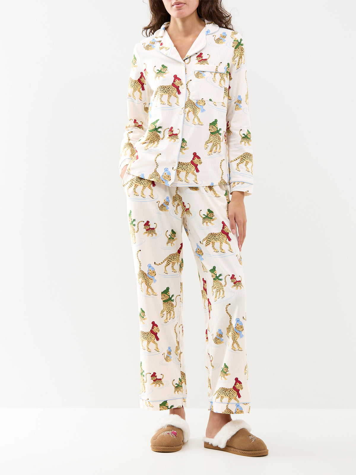 Ice Skating Leopards Organic Cotton Long Pyjama Set - White