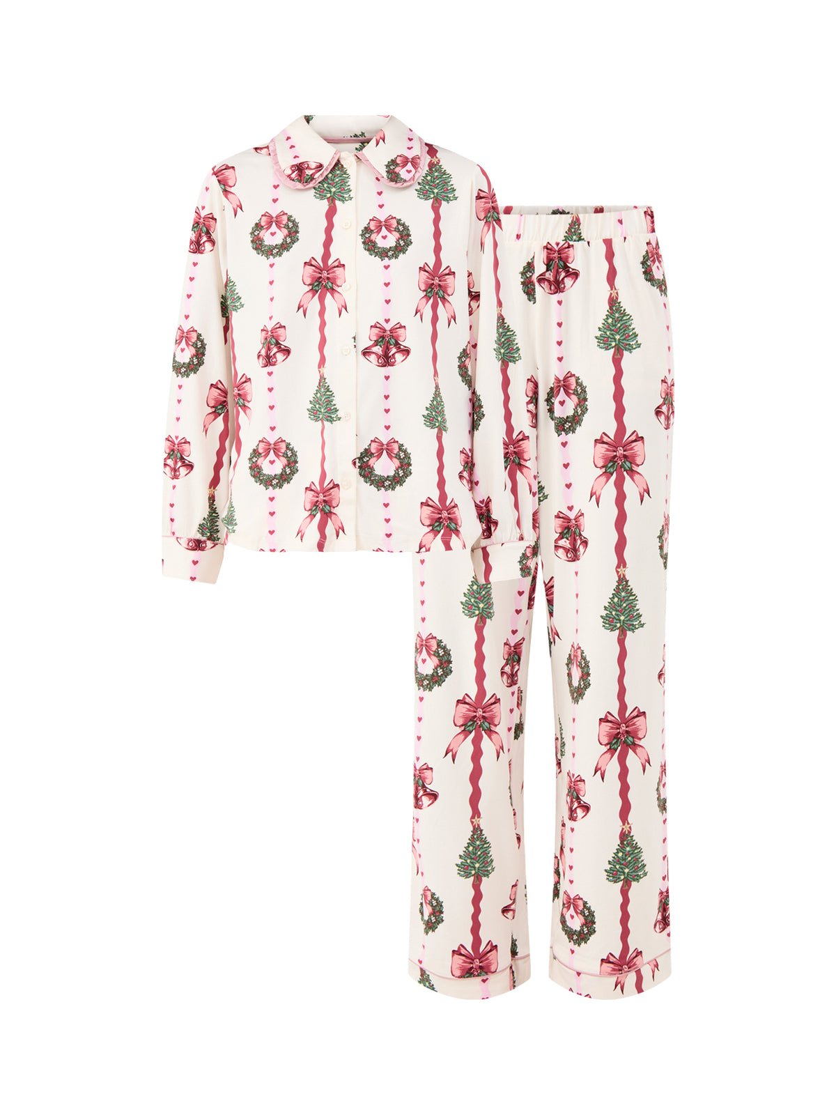 Girly Festive Stripe Long Pyjama Set - White