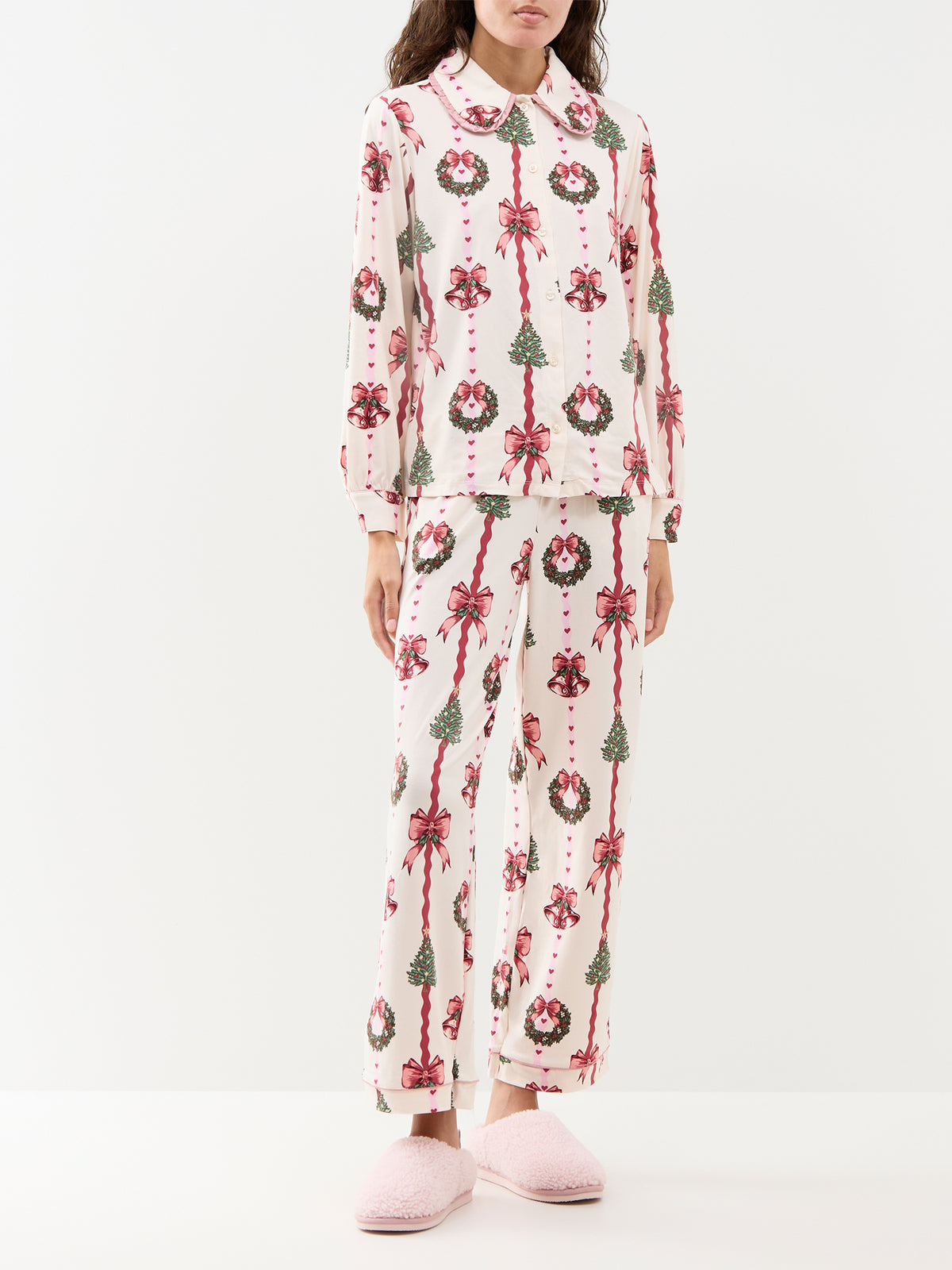 Girly Festive Stripe Long Pyjama Set - White