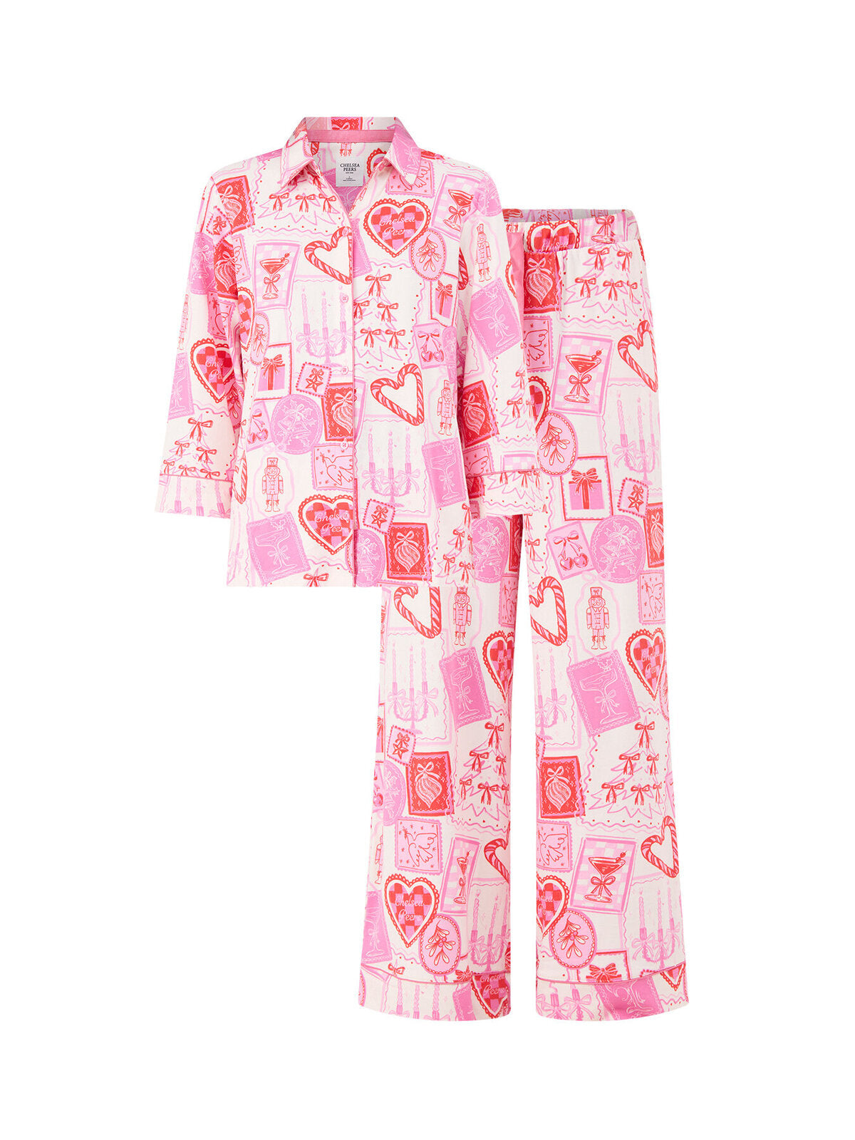Girly Christmas Stamps Satin Pyjama Set - Pink