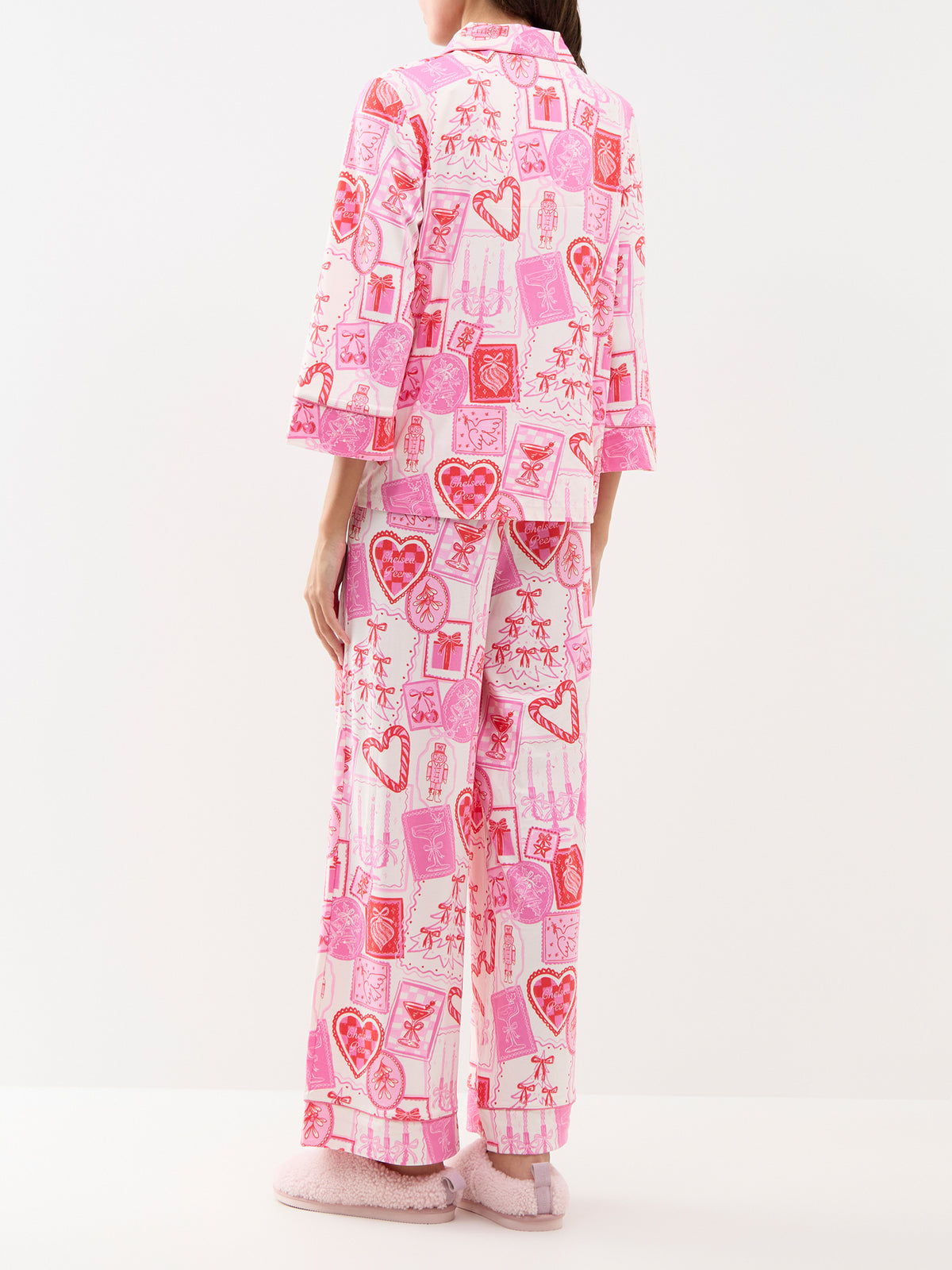 Girly Christmas Stamps Satin Pyjama Set - Pink