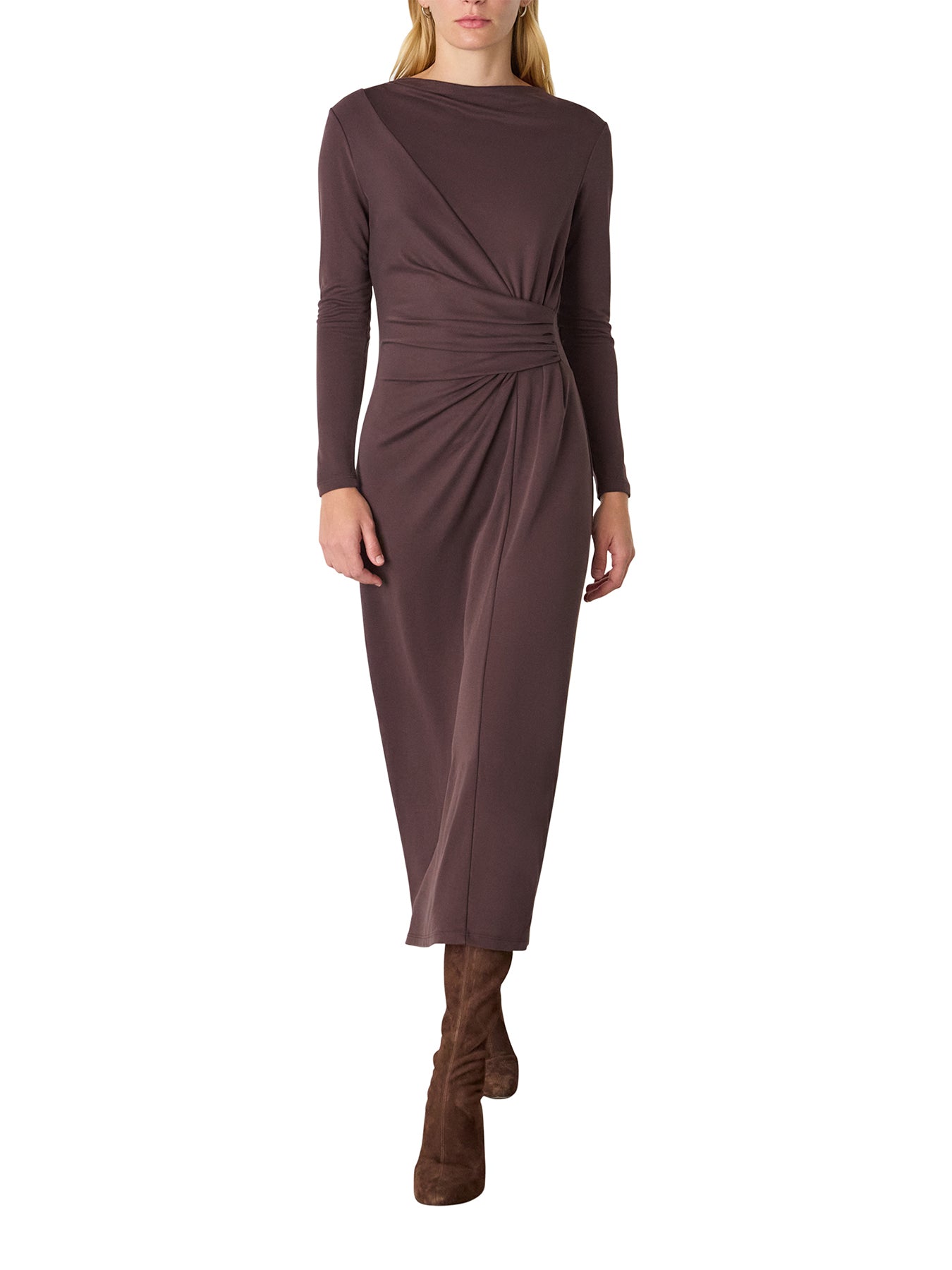 Ruched Detail Midi Dress Brown