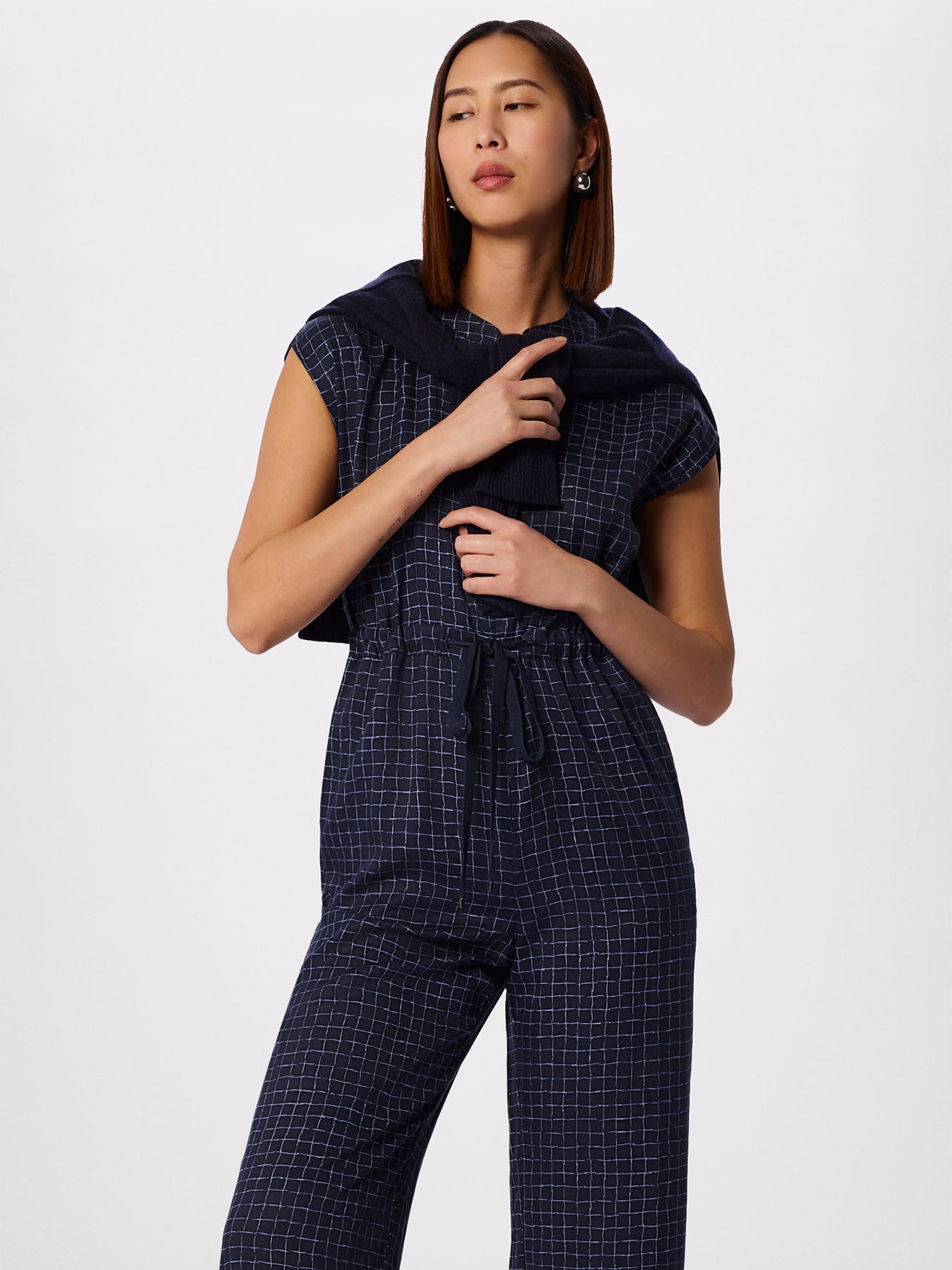Grid Print Sleeveless Jumpsuit Blue