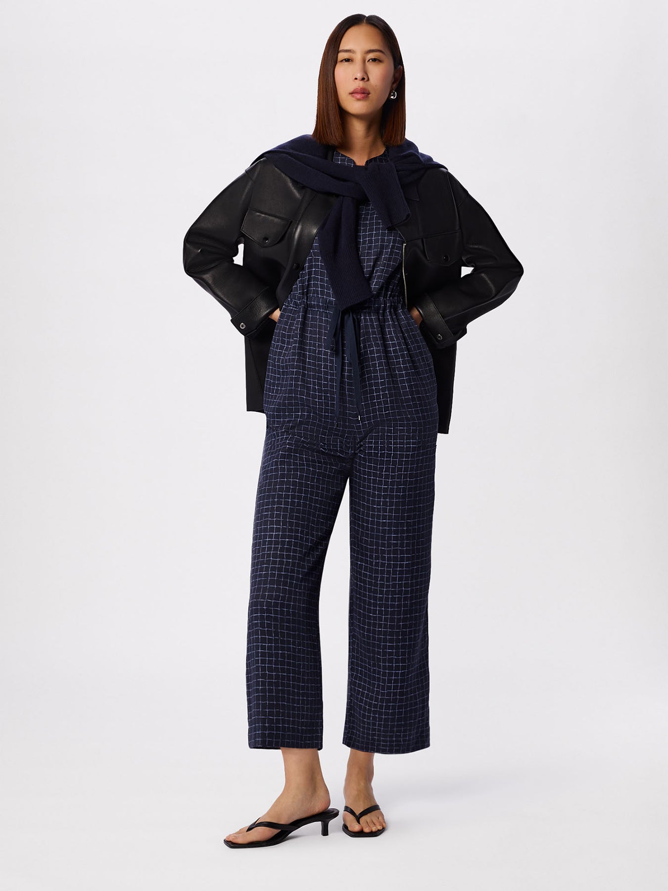 Grid Print Sleeveless Jumpsuit Blue