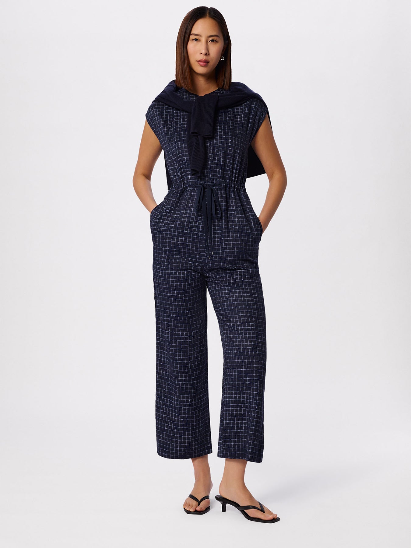 Grid Print Sleeveless Jumpsuit Blue