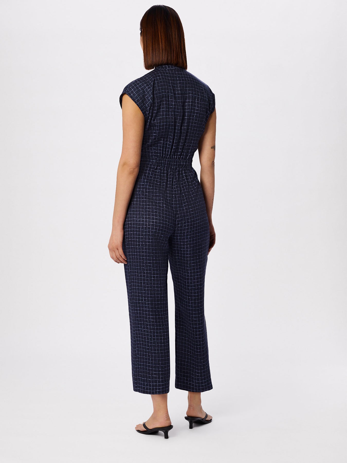 Grid Print Sleeveless Jumpsuit Blue