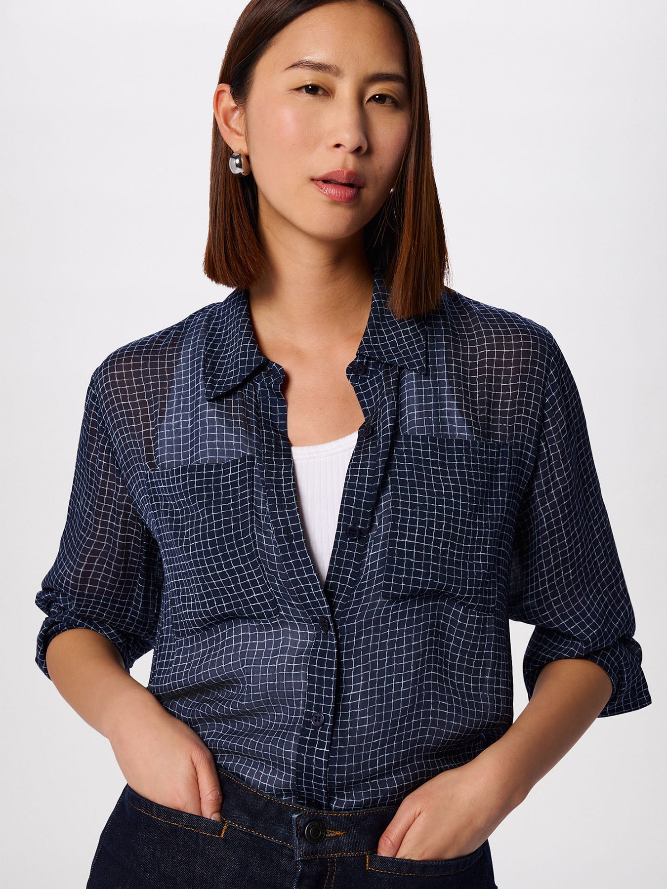 Grid Print Sheer Shirt Navy