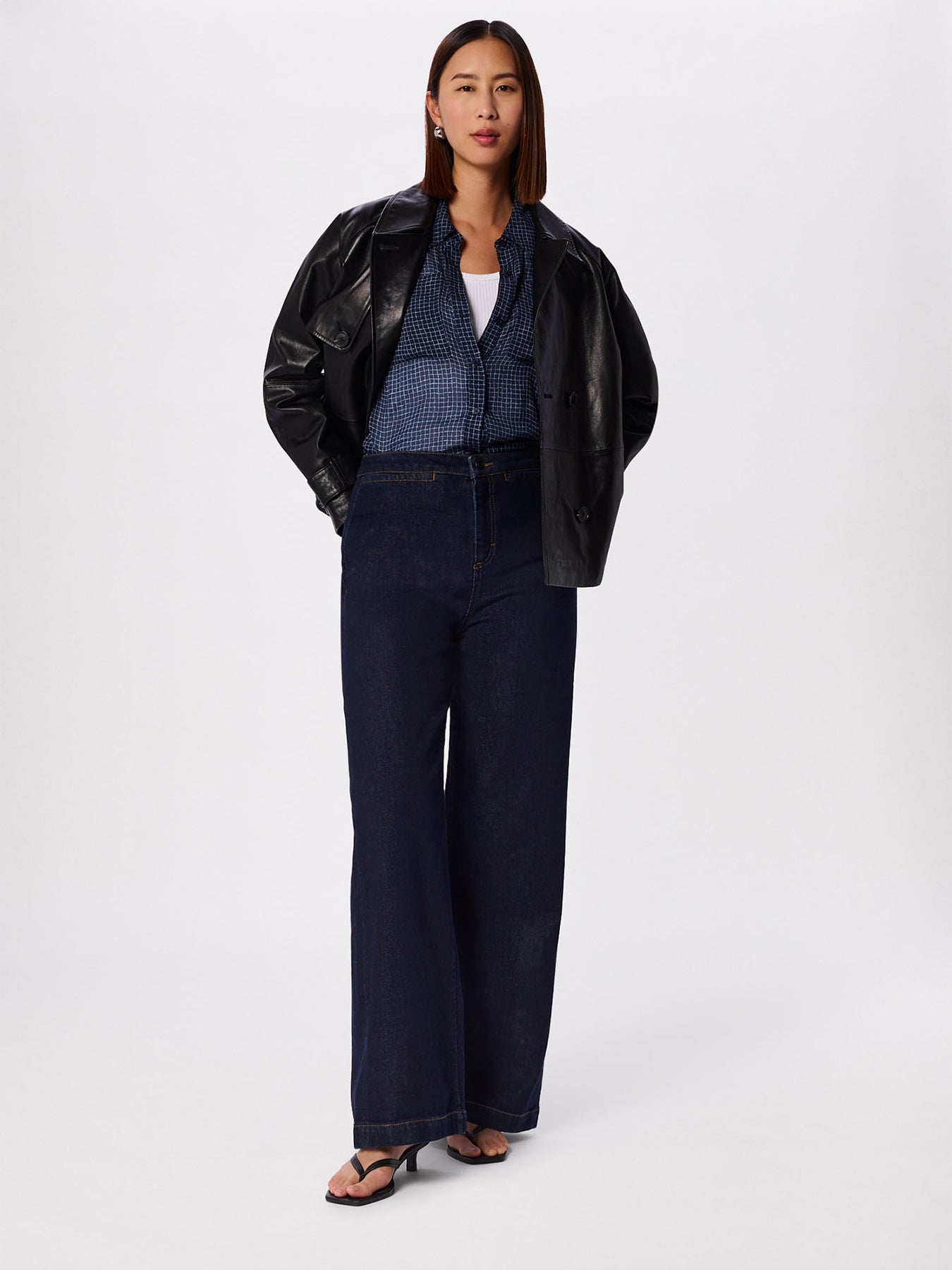 Grid Print Sheer Shirt Navy