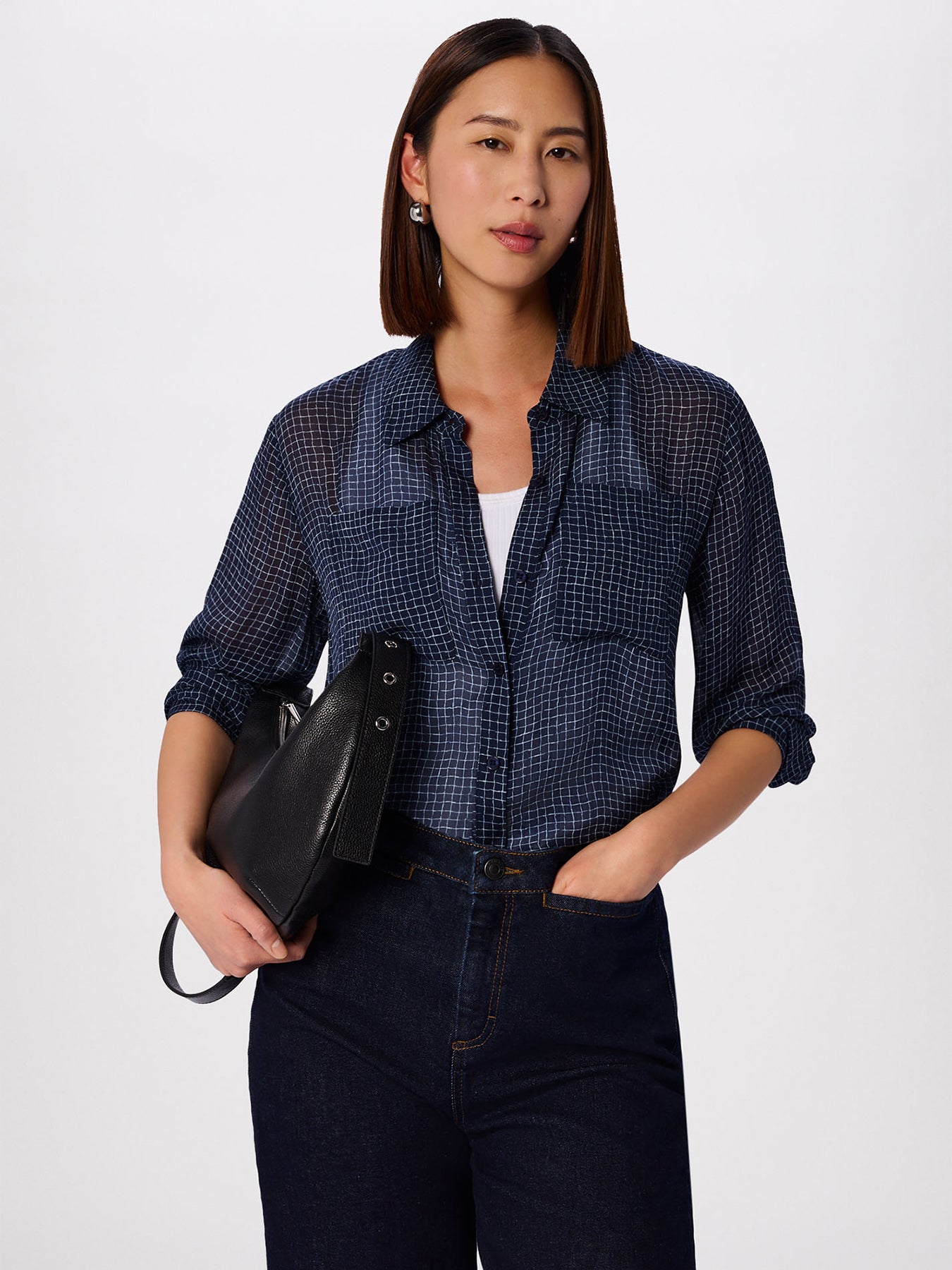 Grid Print Sheer Shirt Navy