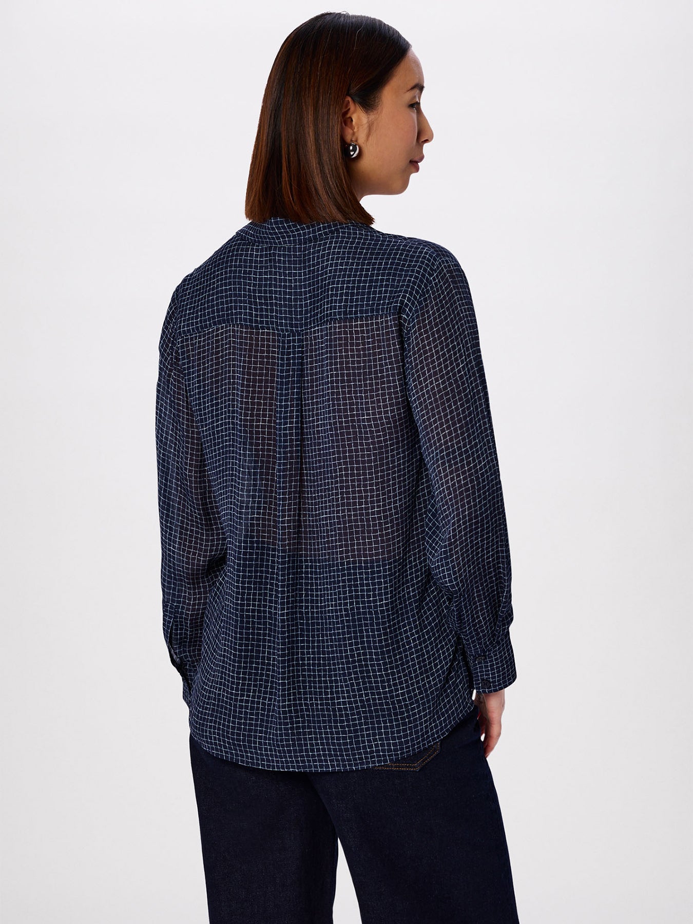 Grid Print Sheer Shirt Navy