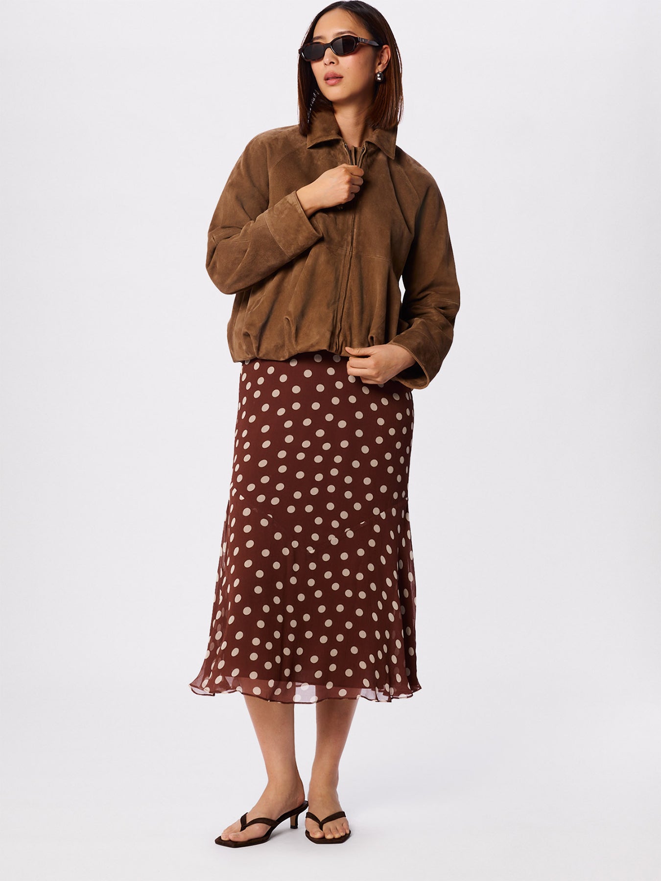 Polka Dot Print Midi Dress Brown