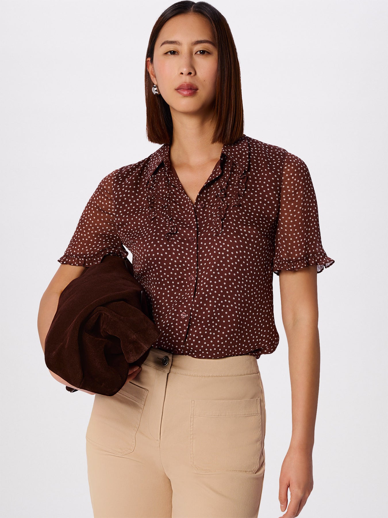 Polka Dot Sheer Sleeve Blouse Brown