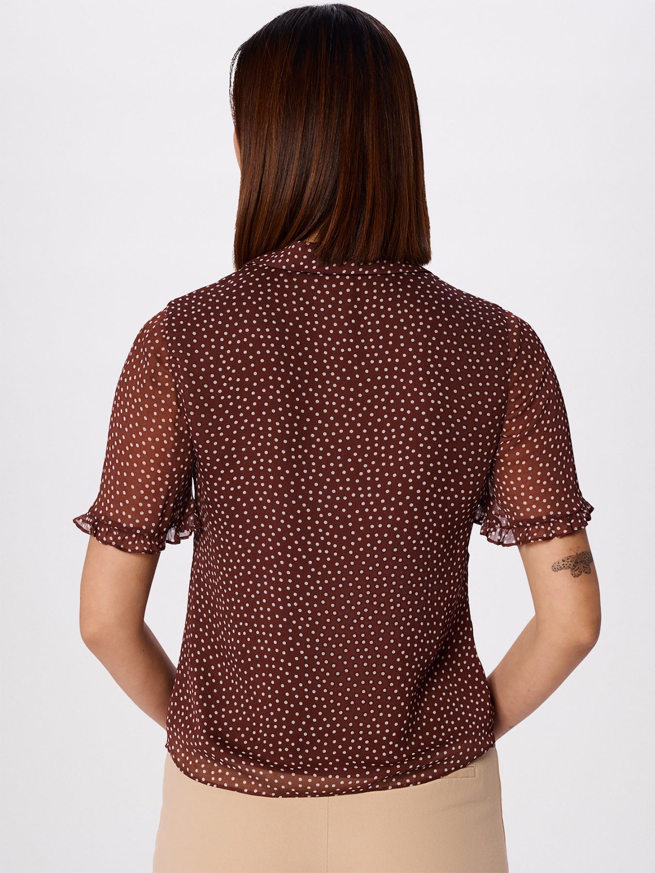Polka Dot Sheer Sleeve Blouse Brown