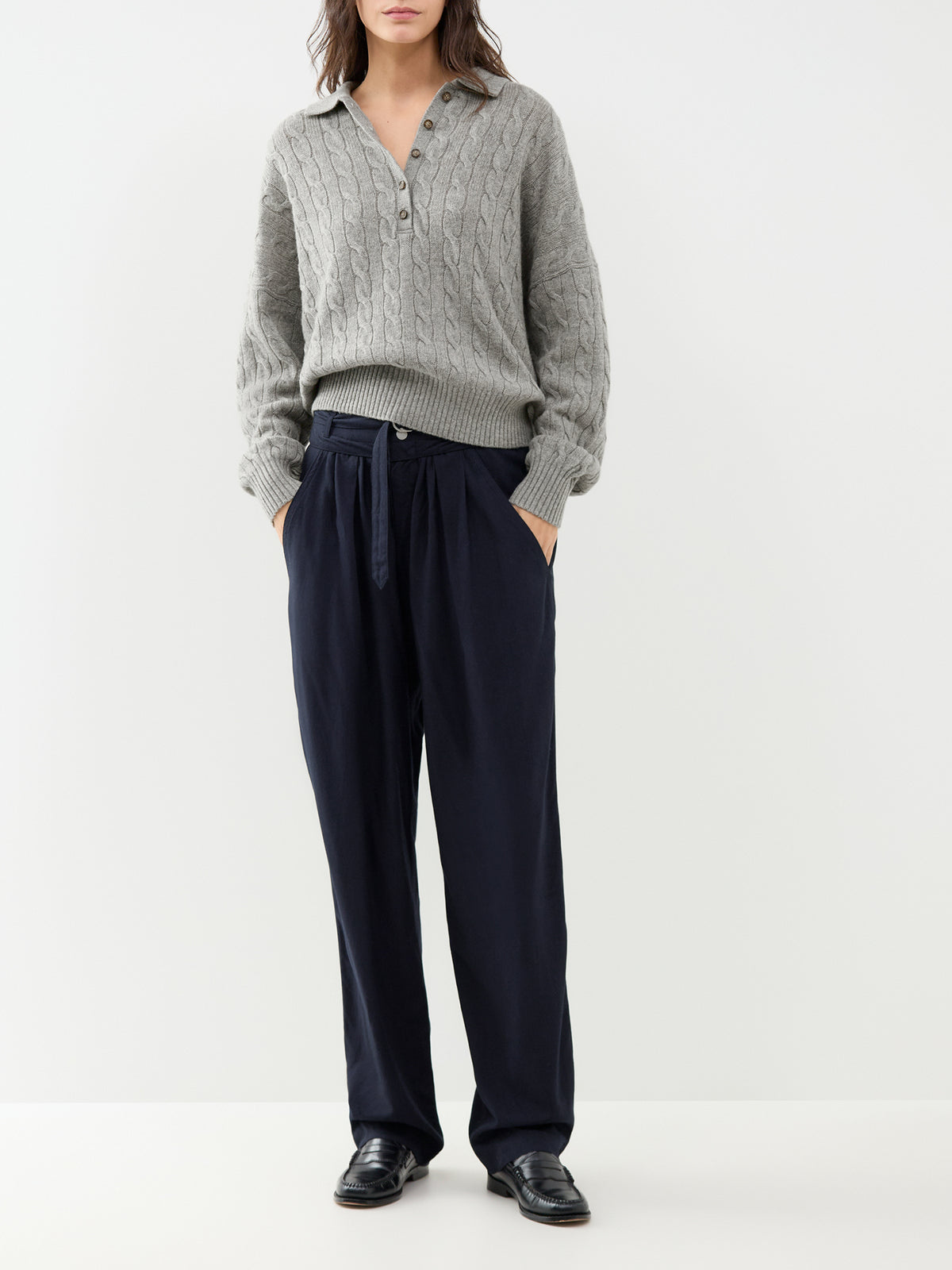 Cable Knit Wool Blend Polo Jumper