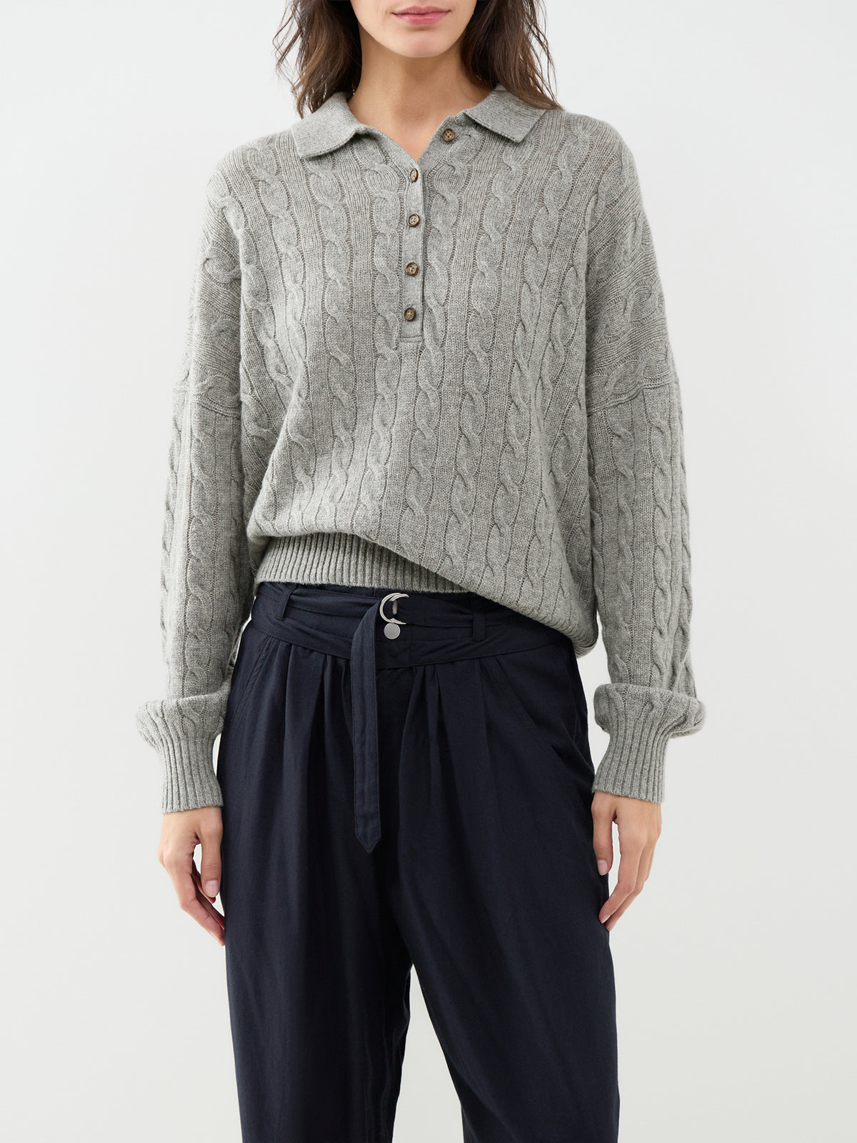 Cable Knit Wool Blend Polo Jumper