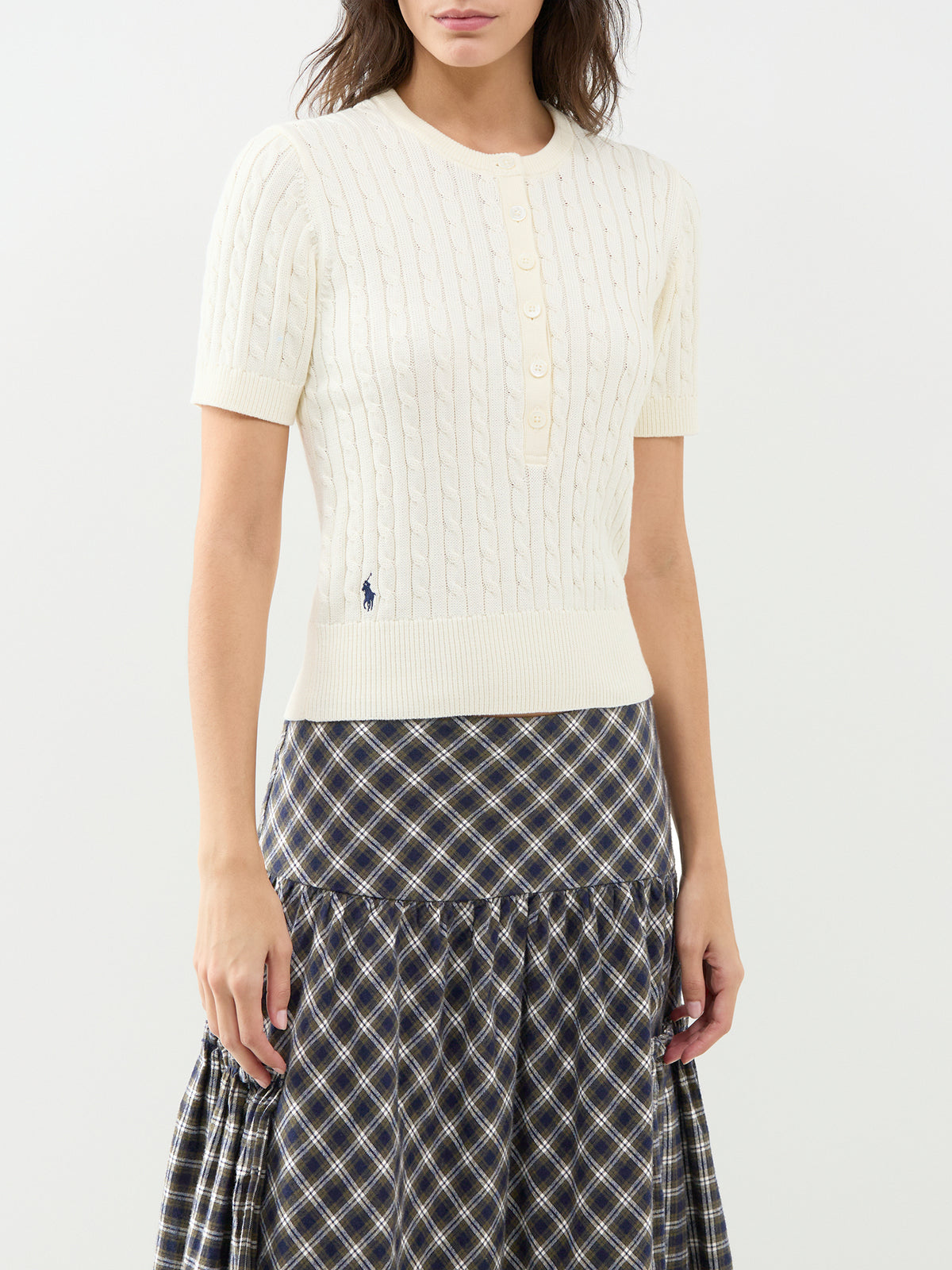 Short Sleeve Cable Knit Cotton Henley