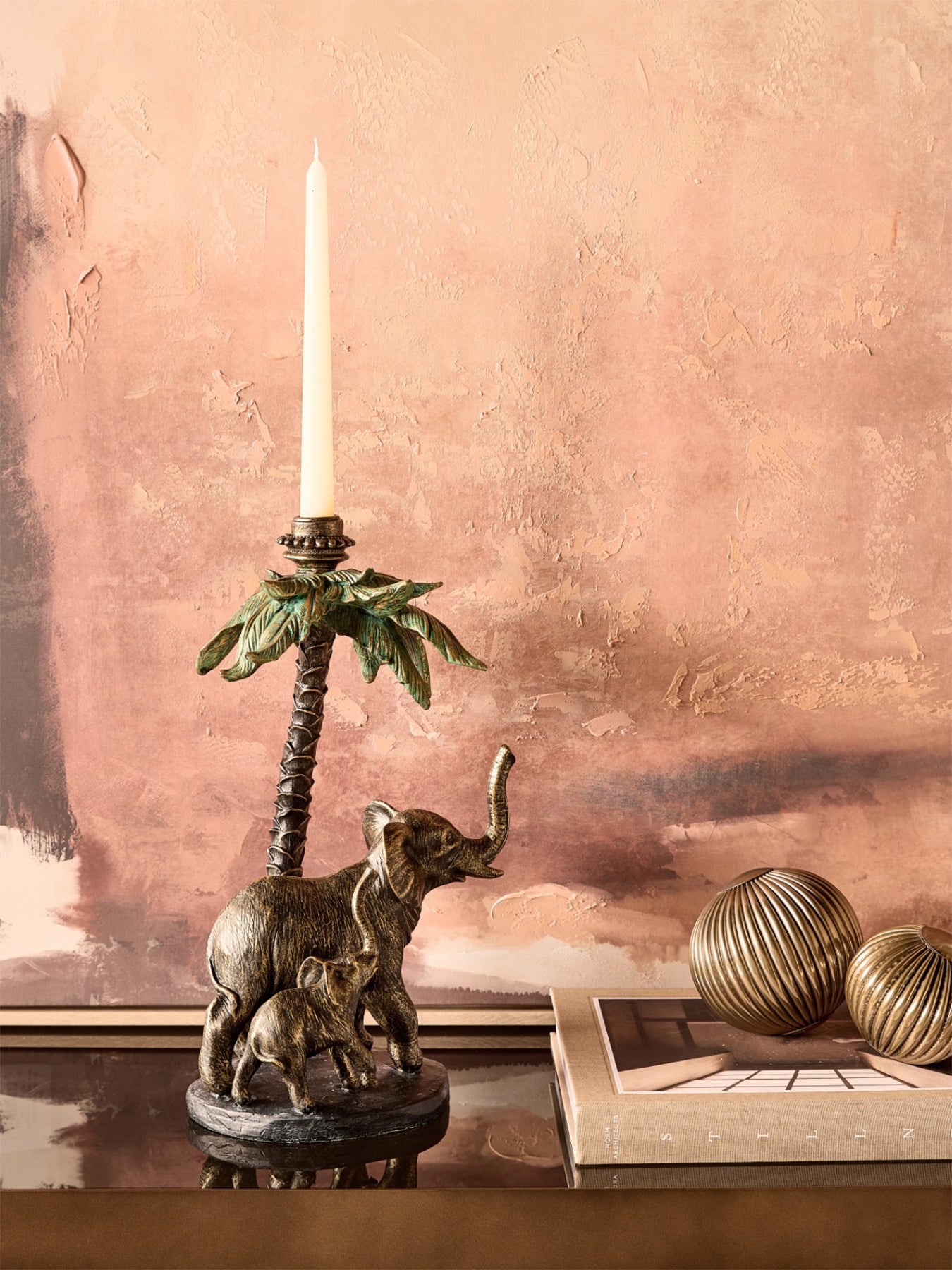 Palm Candle Stick with Elephants Gold