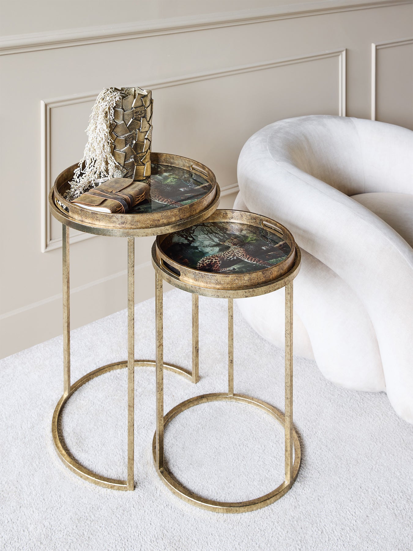 Lounging Leopard Set Of 2 Side Tray Tables Gold
