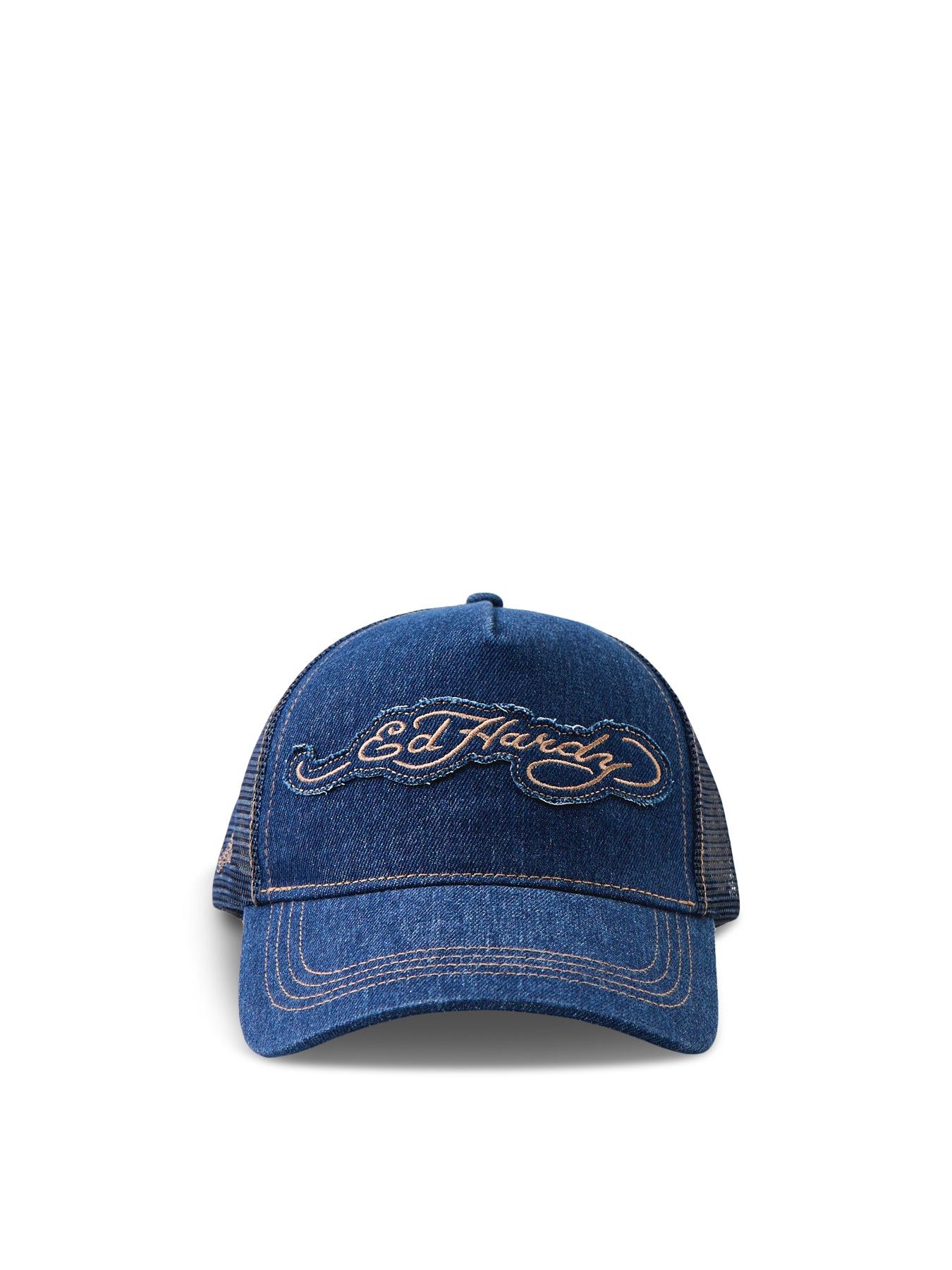 Contrast Stitch On Indigo Denim 5 Panel Trucker Cap Blue