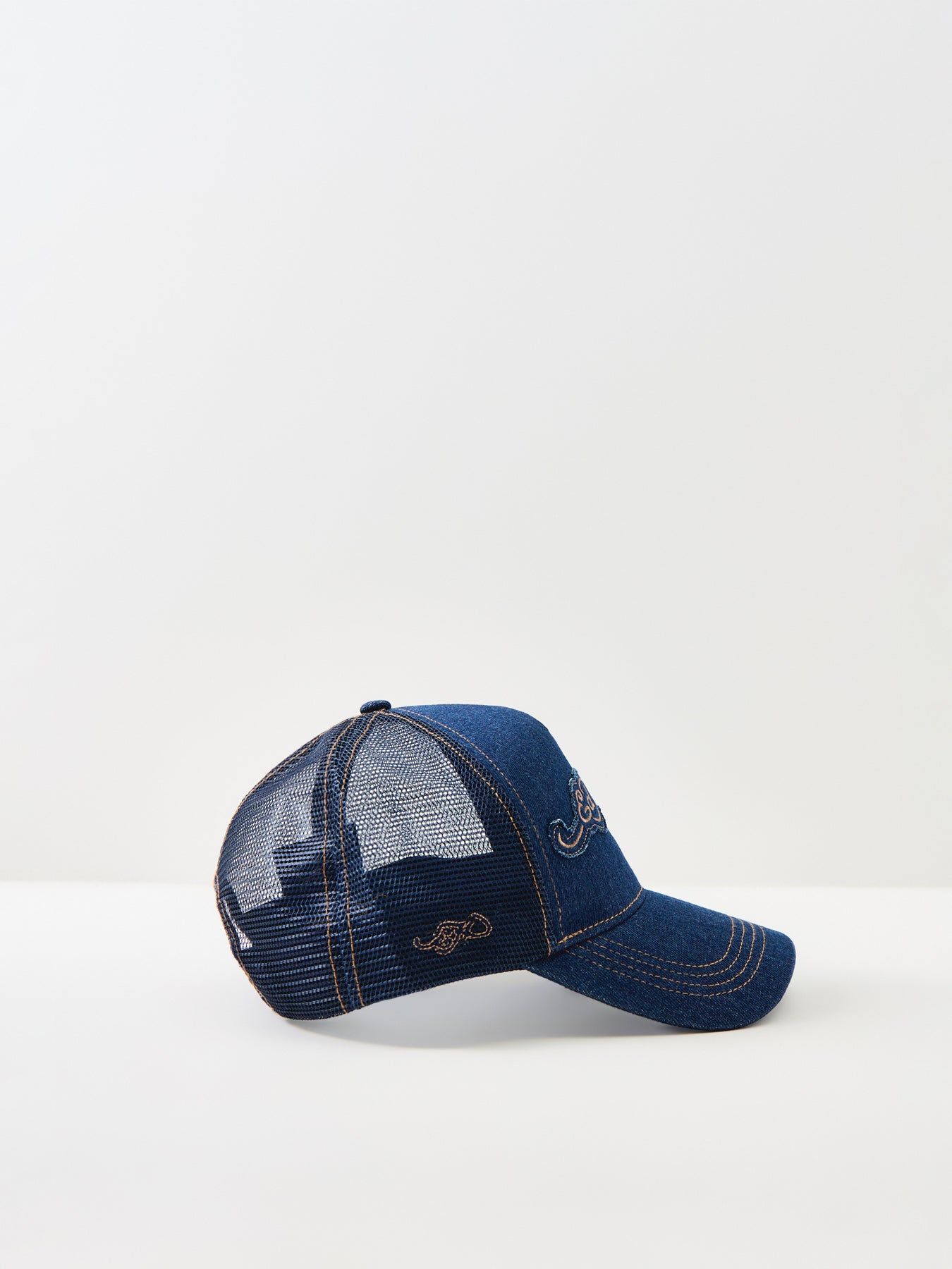 Contrast Stitch On Indigo Denim 5 Panel Trucker Cap Blue