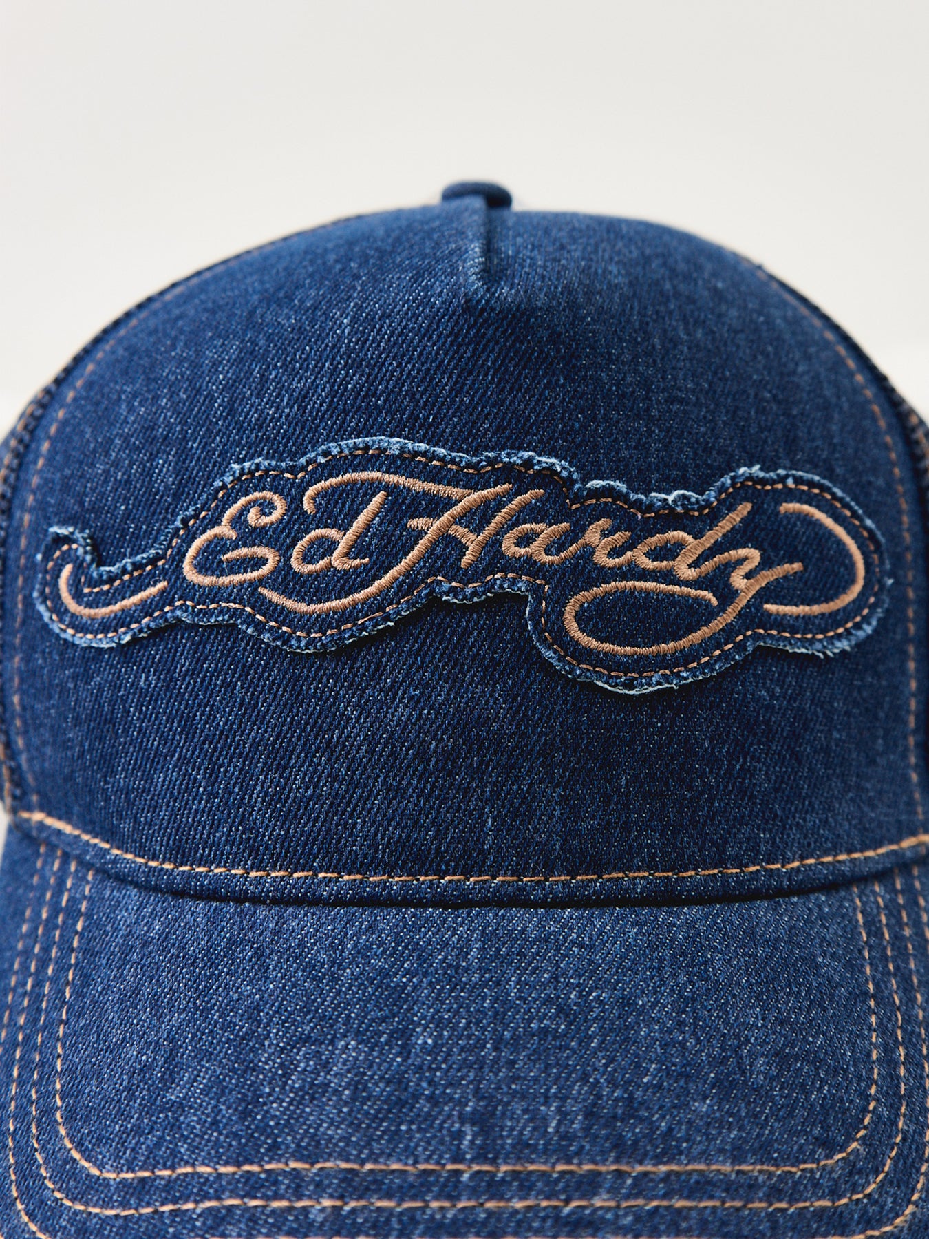 Contrast Stitch On Indigo Denim 5 Panel Trucker Cap Blue