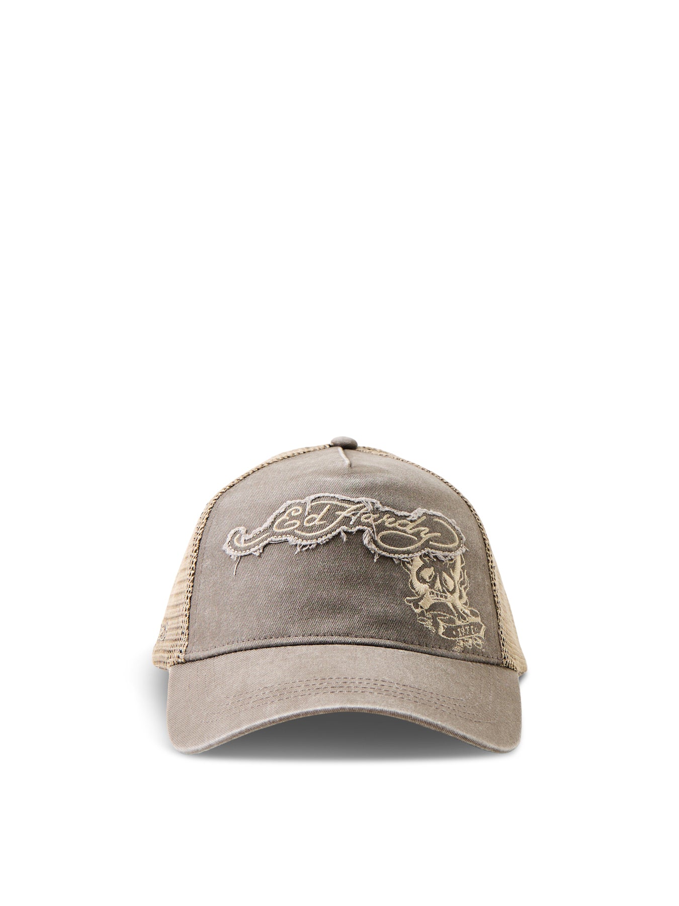 Raw Edge Applique 5 Panel Trucker Cap Beige