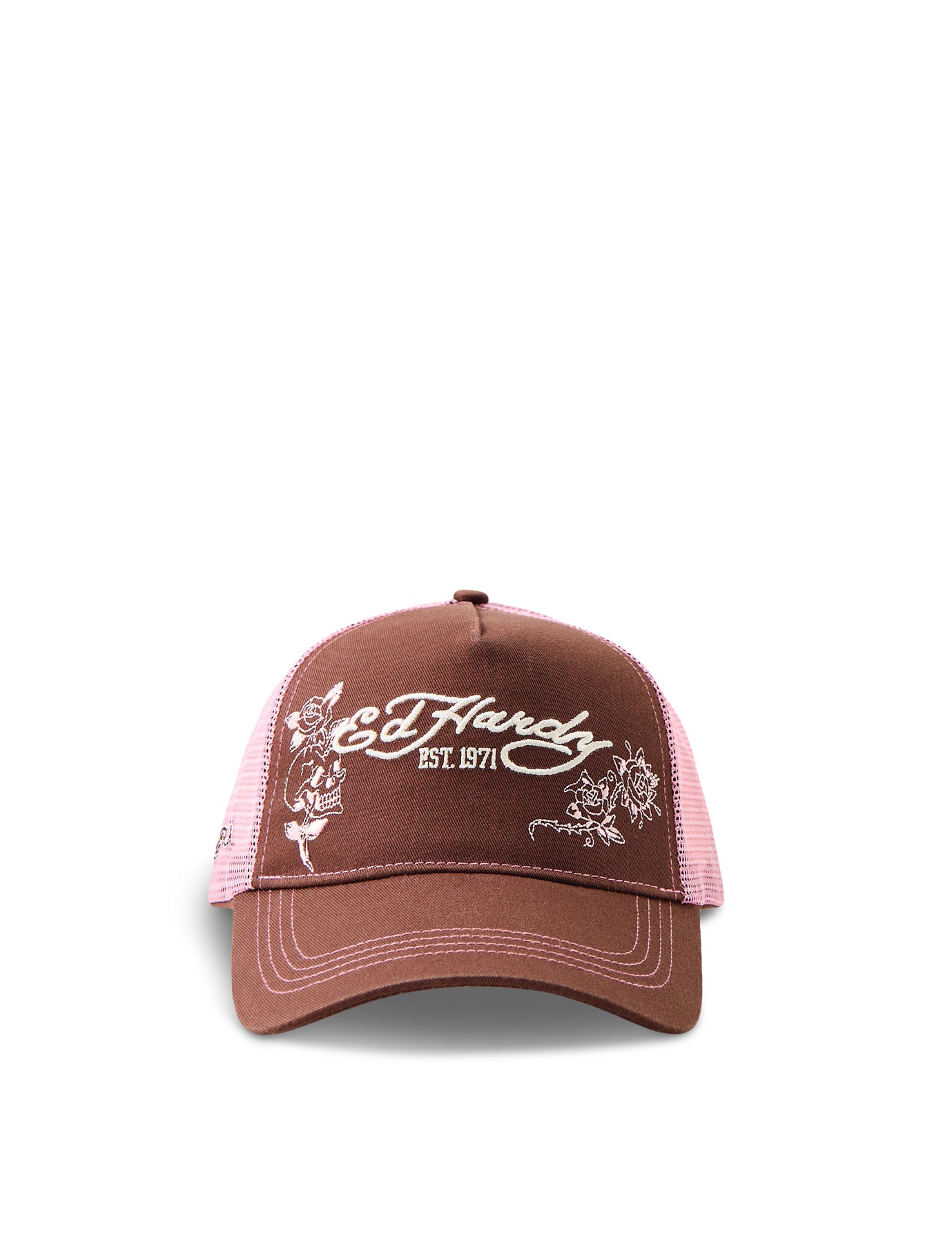 Skull And Roses 5 Panel Trucker Cap Brown