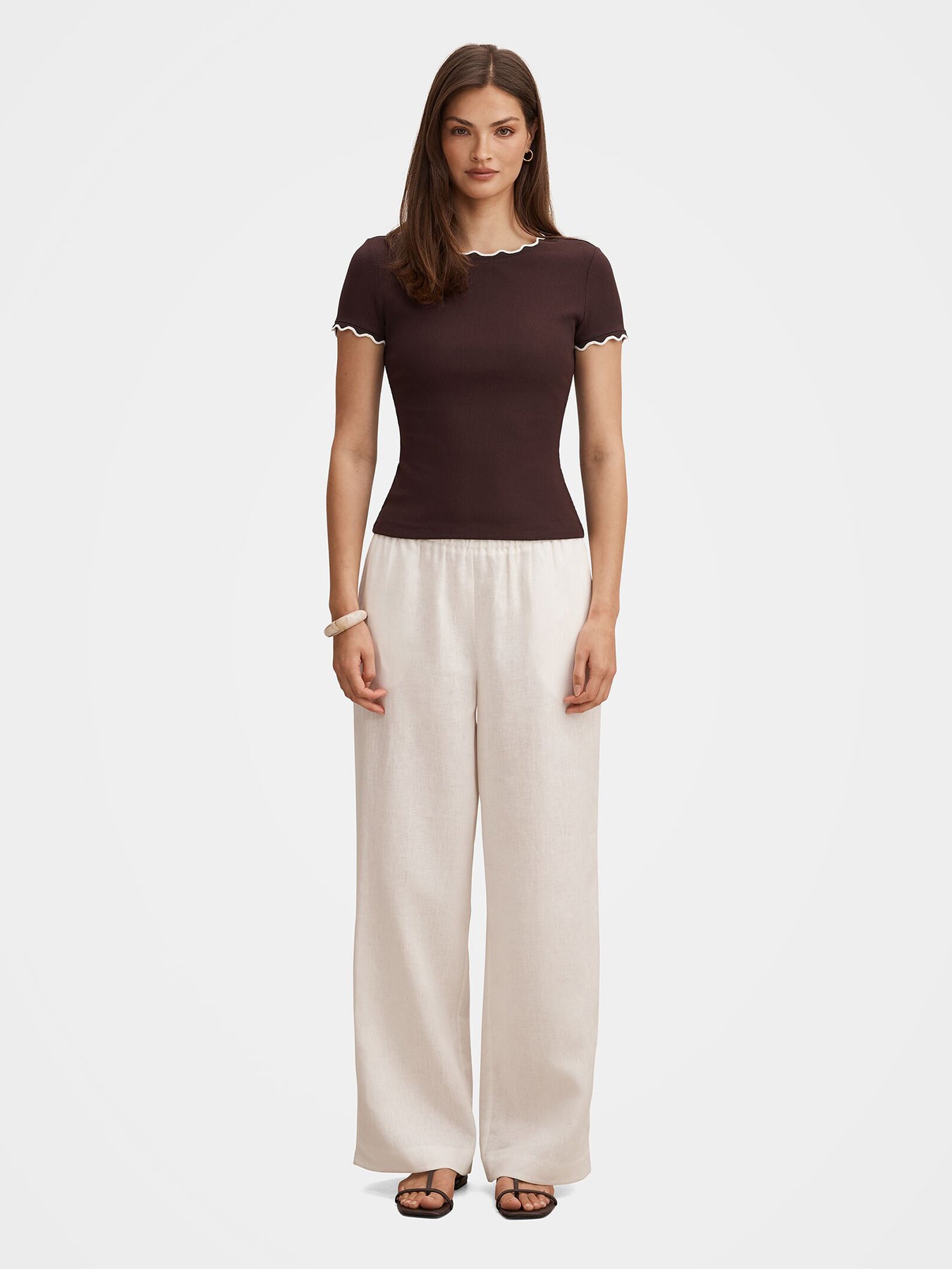 Rebecca Scallop Trim T-Shirt Brown