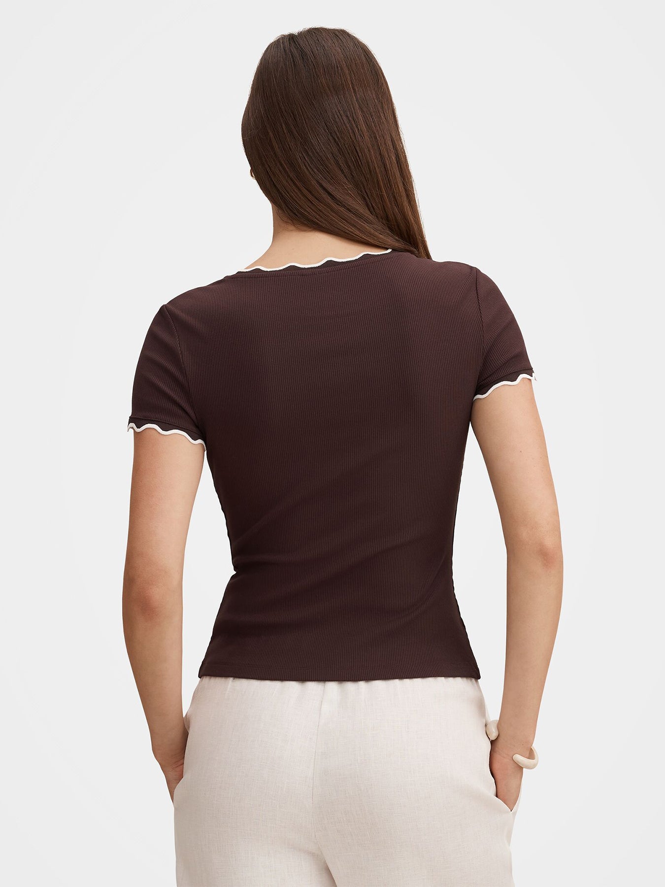 Rebecca Scallop Trim T-Shirt Brown