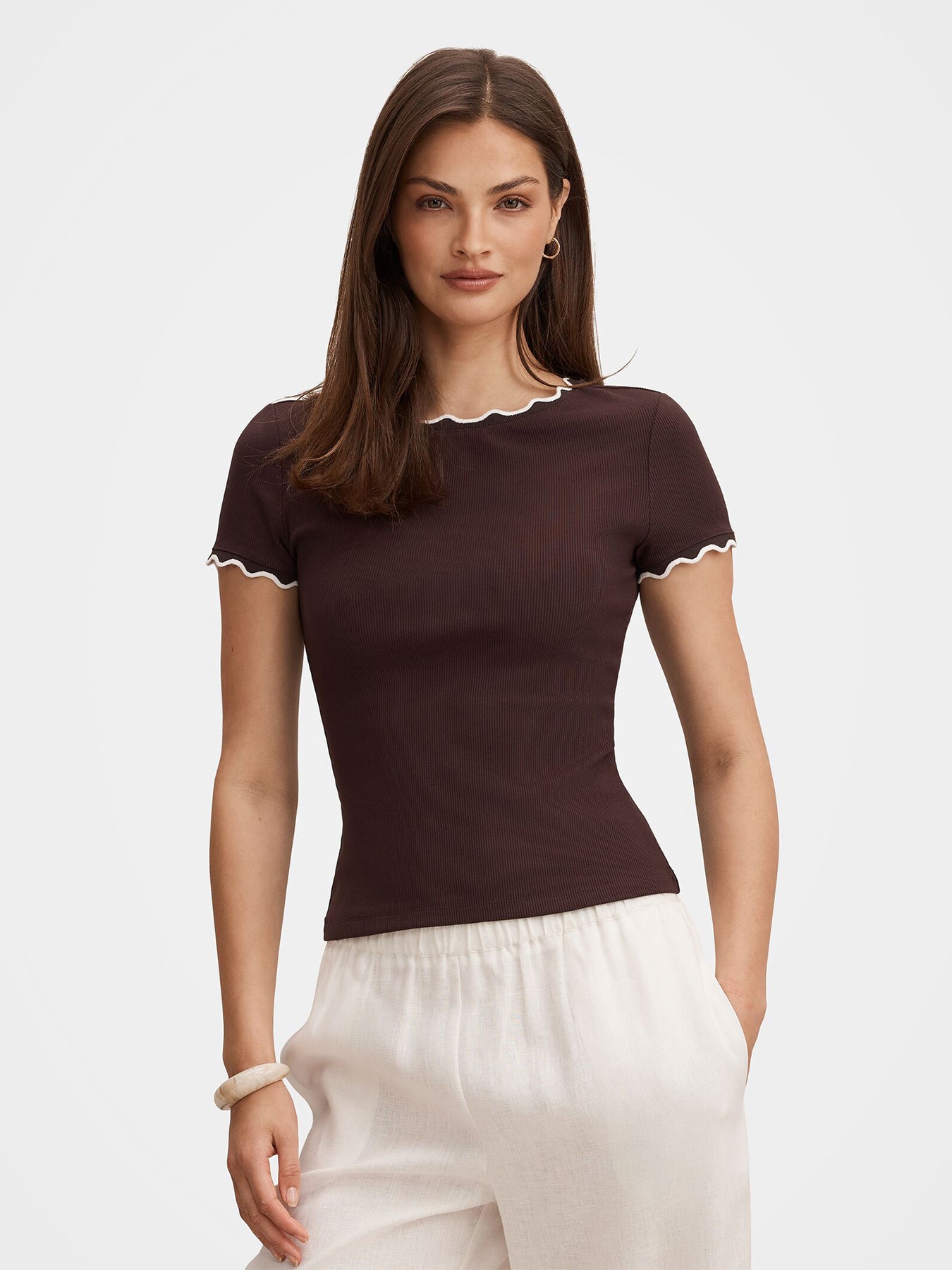 Rebecca Scallop Trim T-Shirt Brown