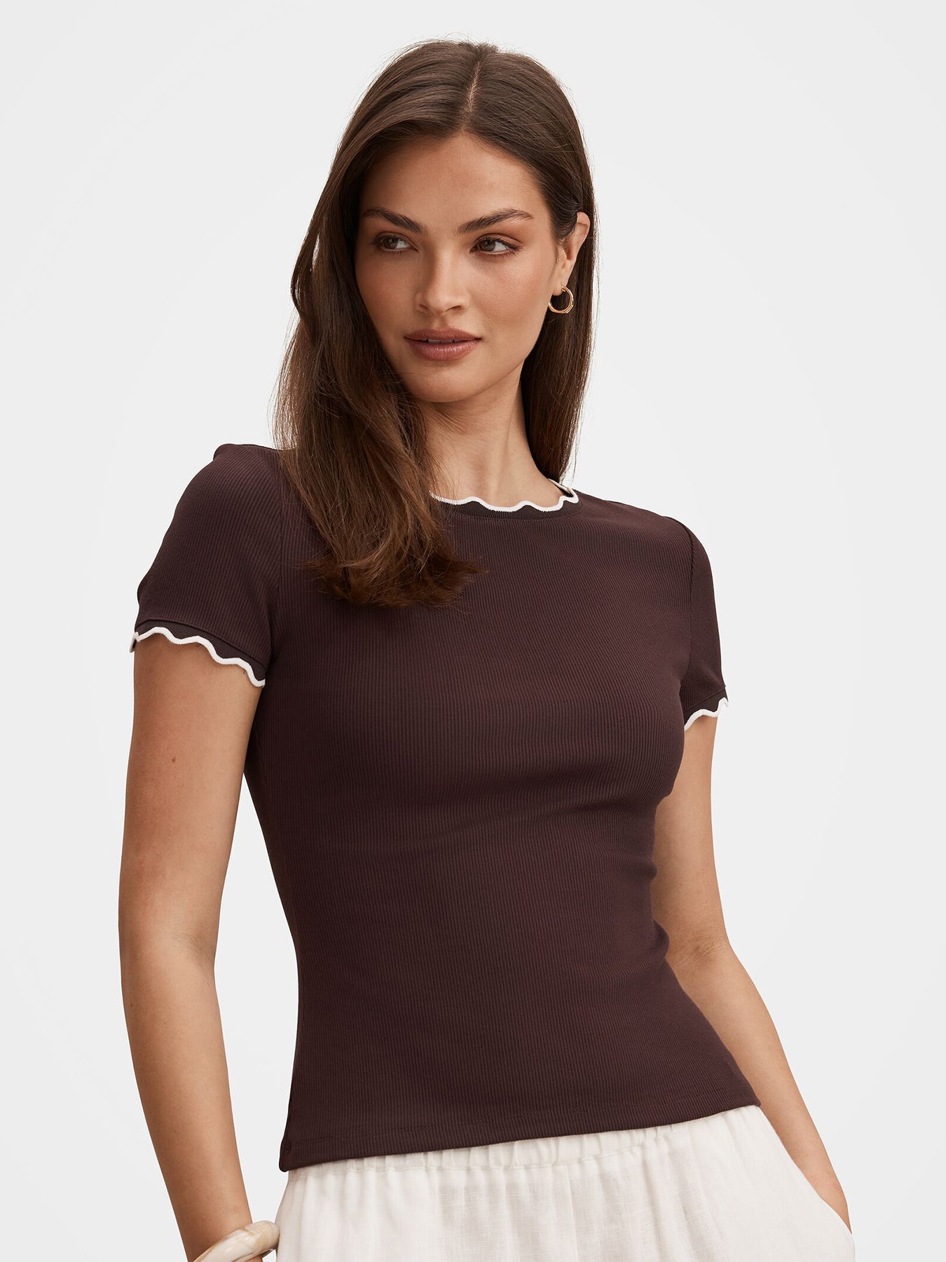 Rebecca Scallop Trim T-Shirt Brown