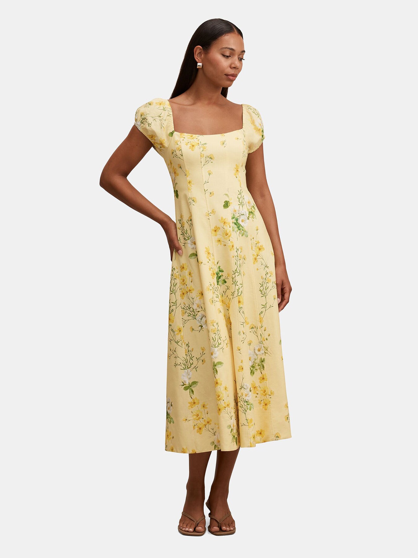 Sadie Cap Sleeve Midi Dress Printed Yellow