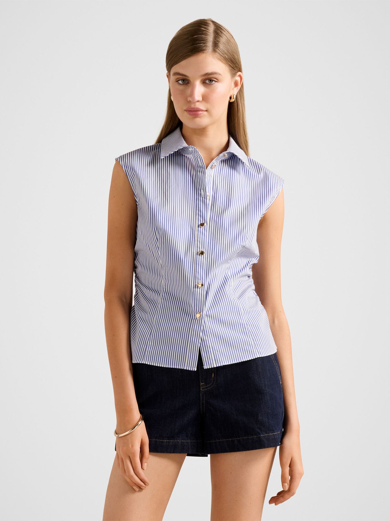 Nova Ruched Collared Shirt Blue