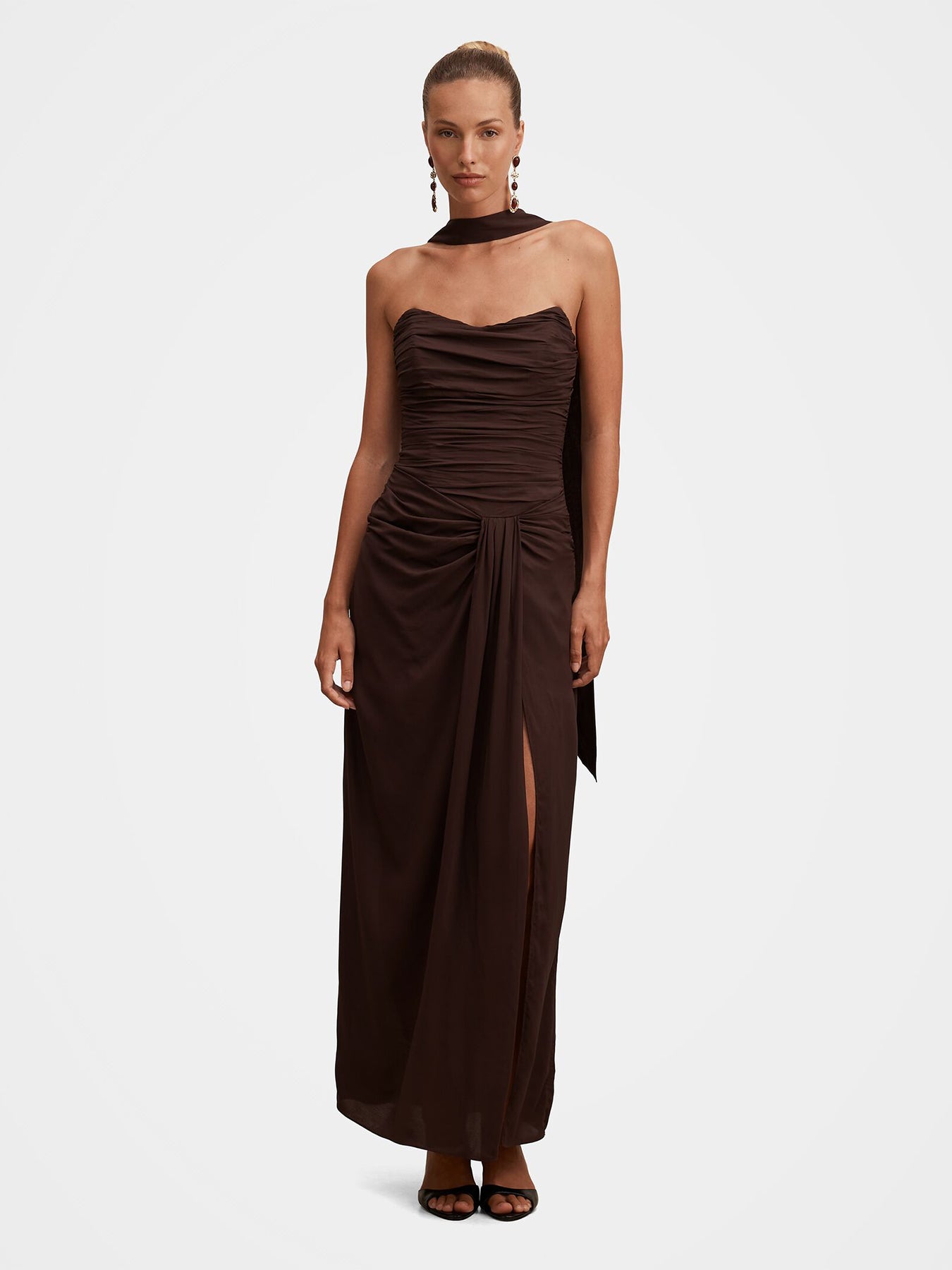 Arli Strapless Ruched Maxi Dress Brown