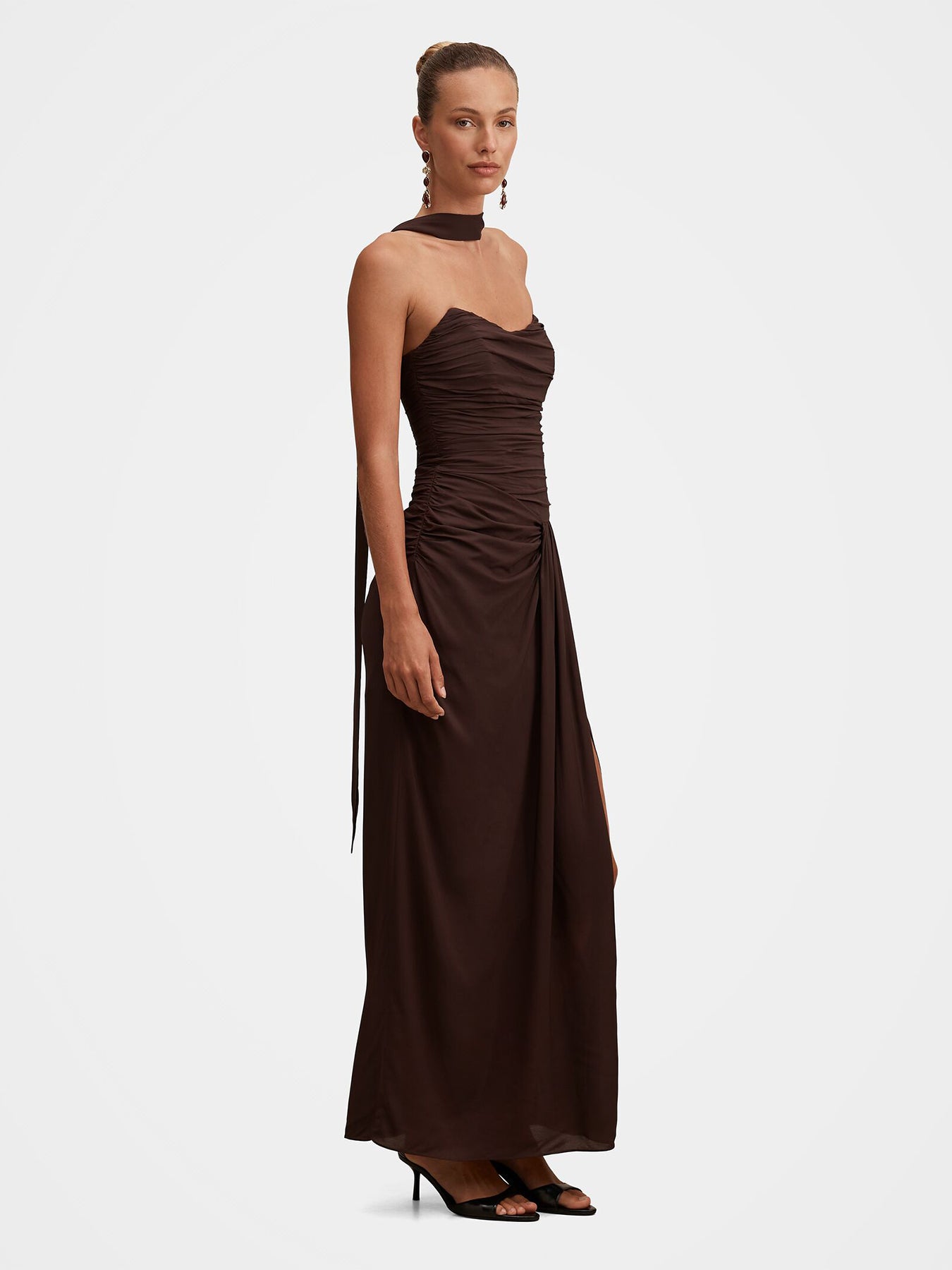 Arli Strapless Ruched Maxi Dress Brown