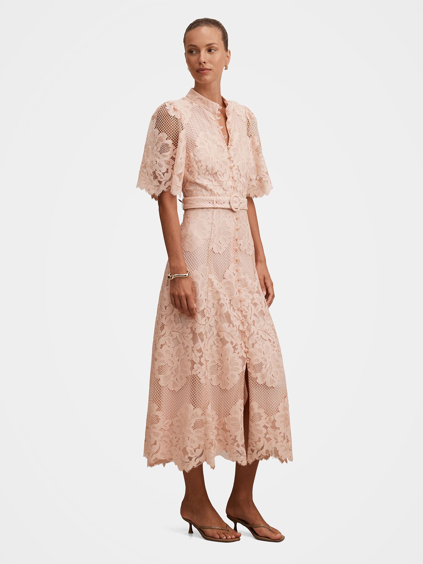Liberty Flutter Sleeve Lace Midi Dress Pink