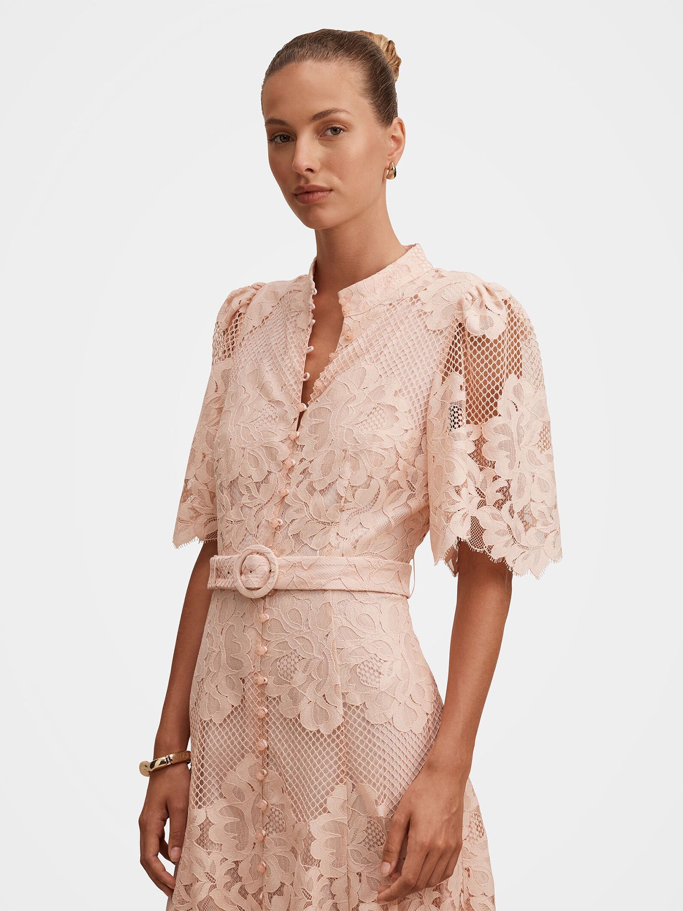 Liberty Flutter Sleeve Lace Midi Dress Pink