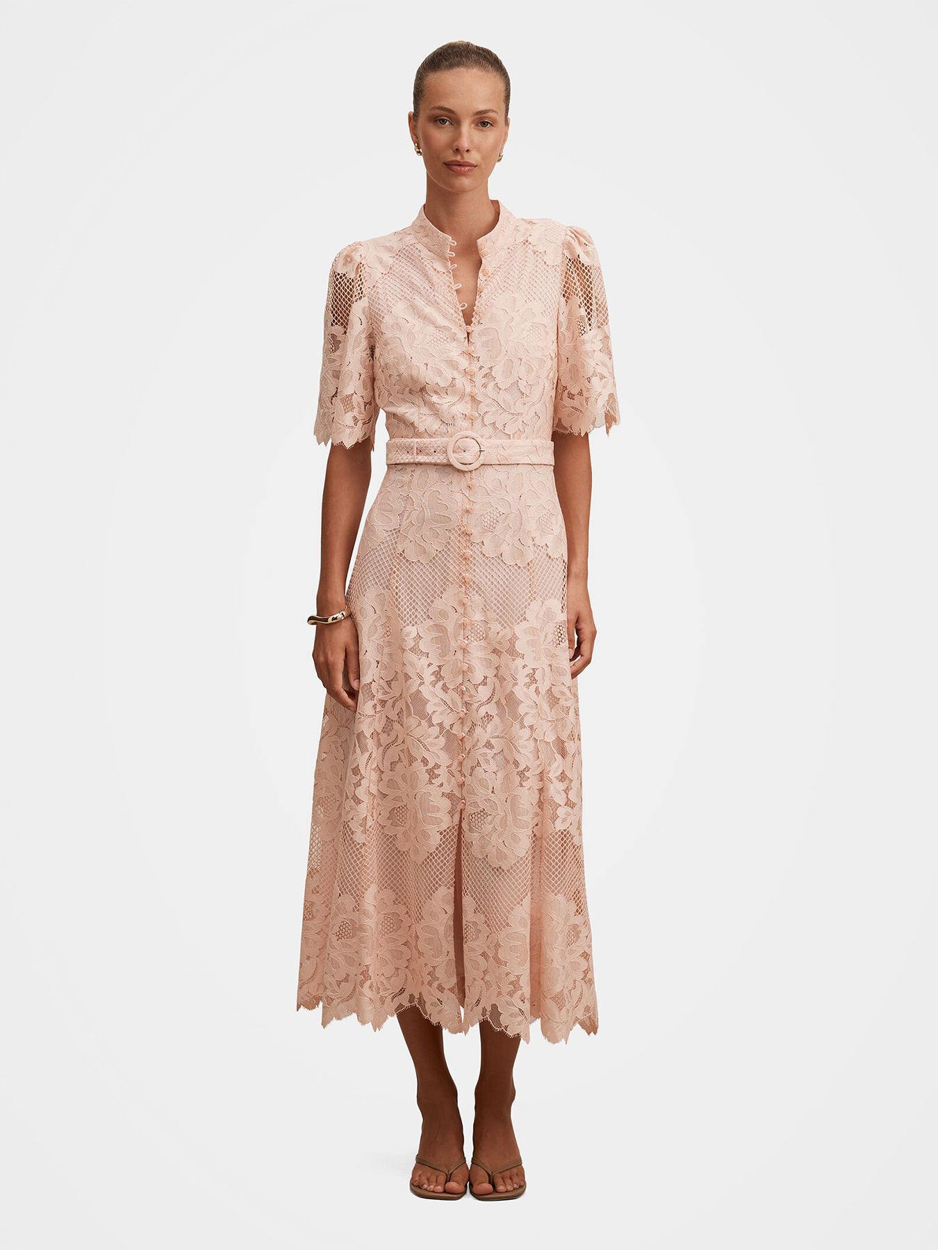 Liberty Flutter Sleeve Lace Midi Dress Pink