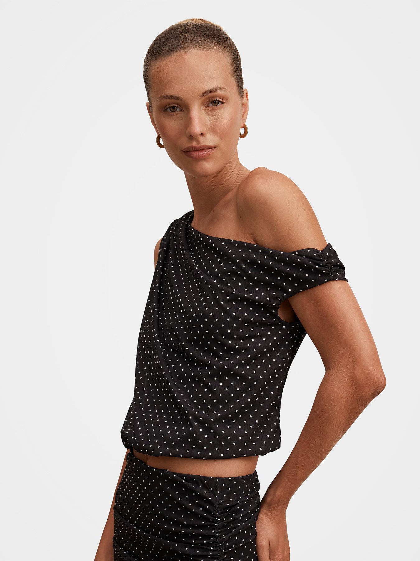 Mila Spot Print Drape Top Black