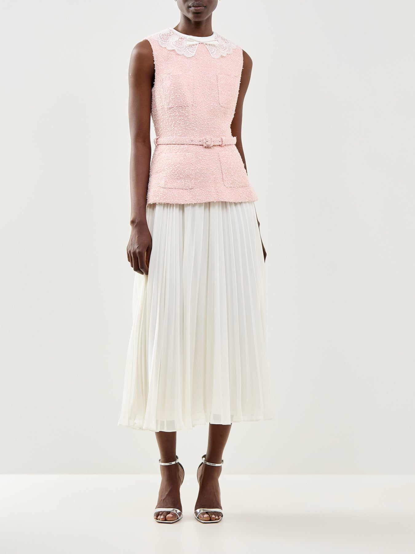 Pink Boucle Lace Collar Midi Dress Pink
