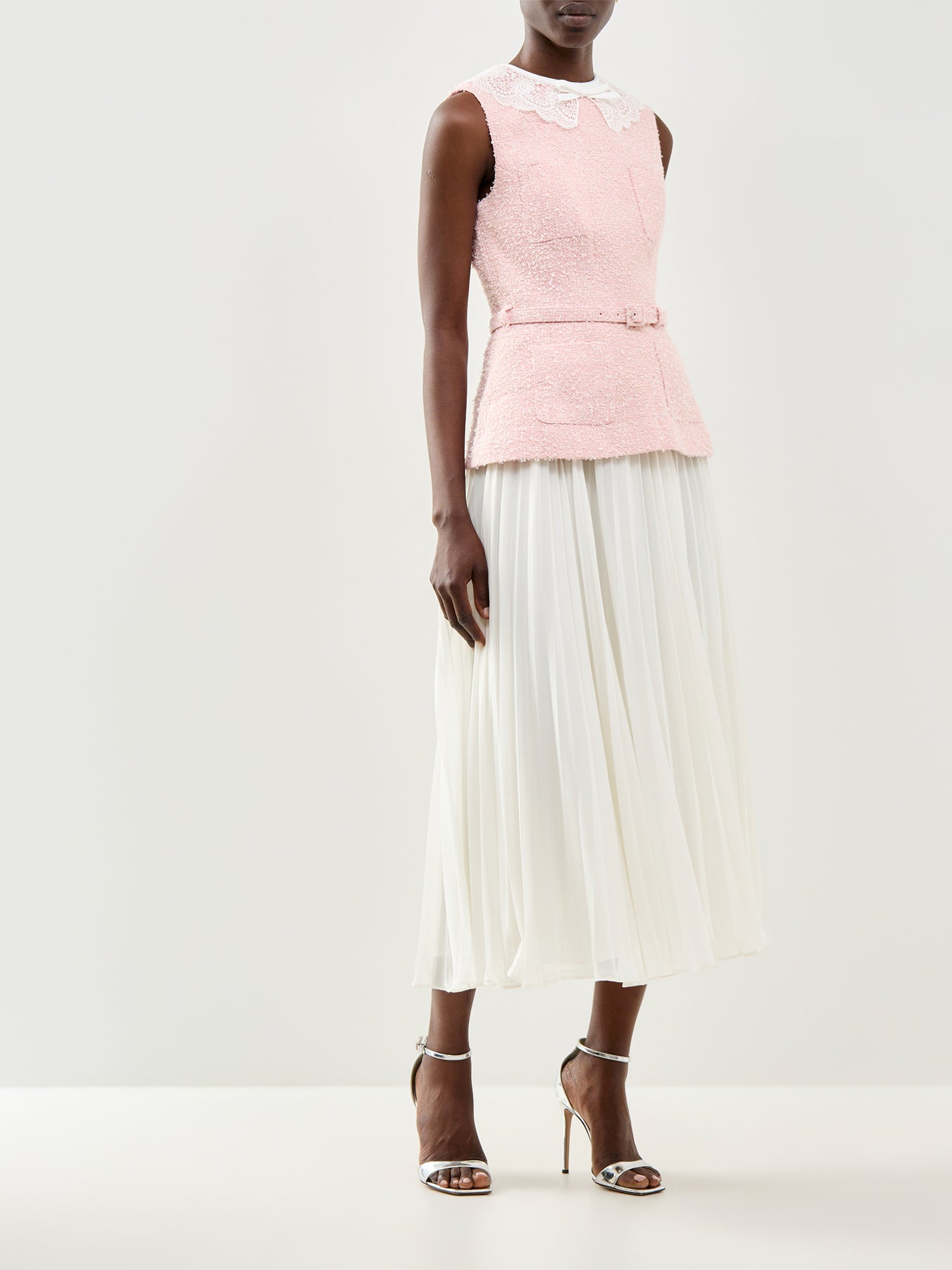 Pink Boucle Lace Collar Midi Dress Pink