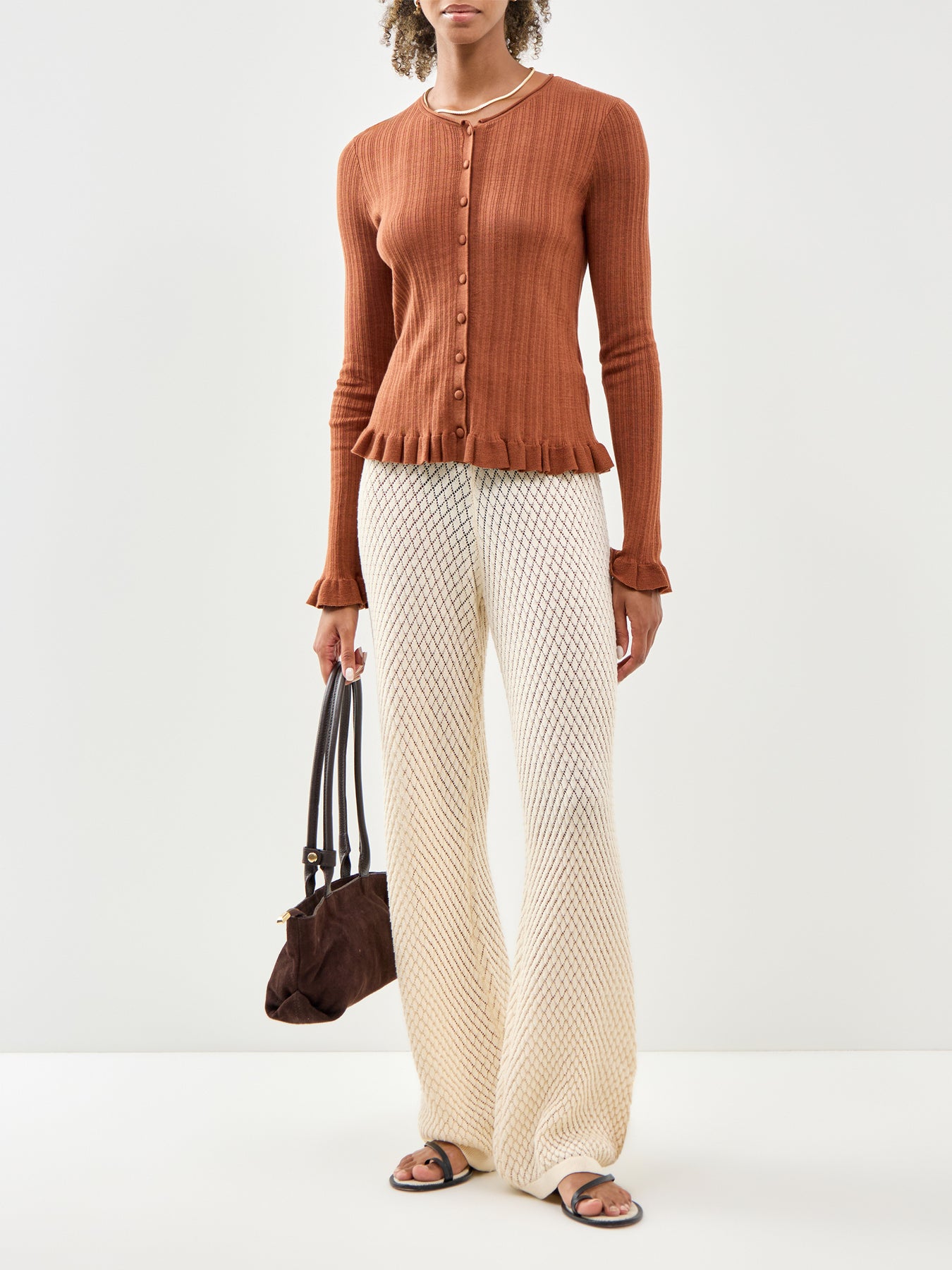 Rib & Ruffle Sheer Knit Cardigan Red