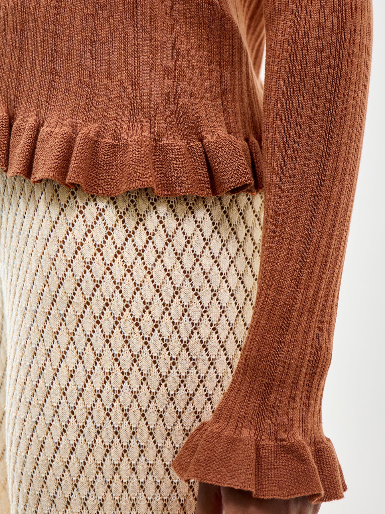 Rib & Ruffle Sheer Knit Cardigan Red