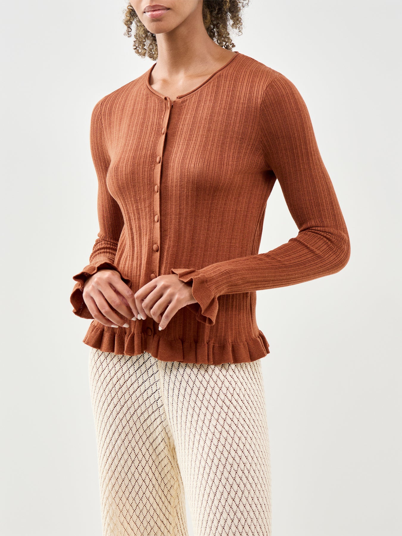 Rib & Ruffle Sheer Knit Cardigan Red