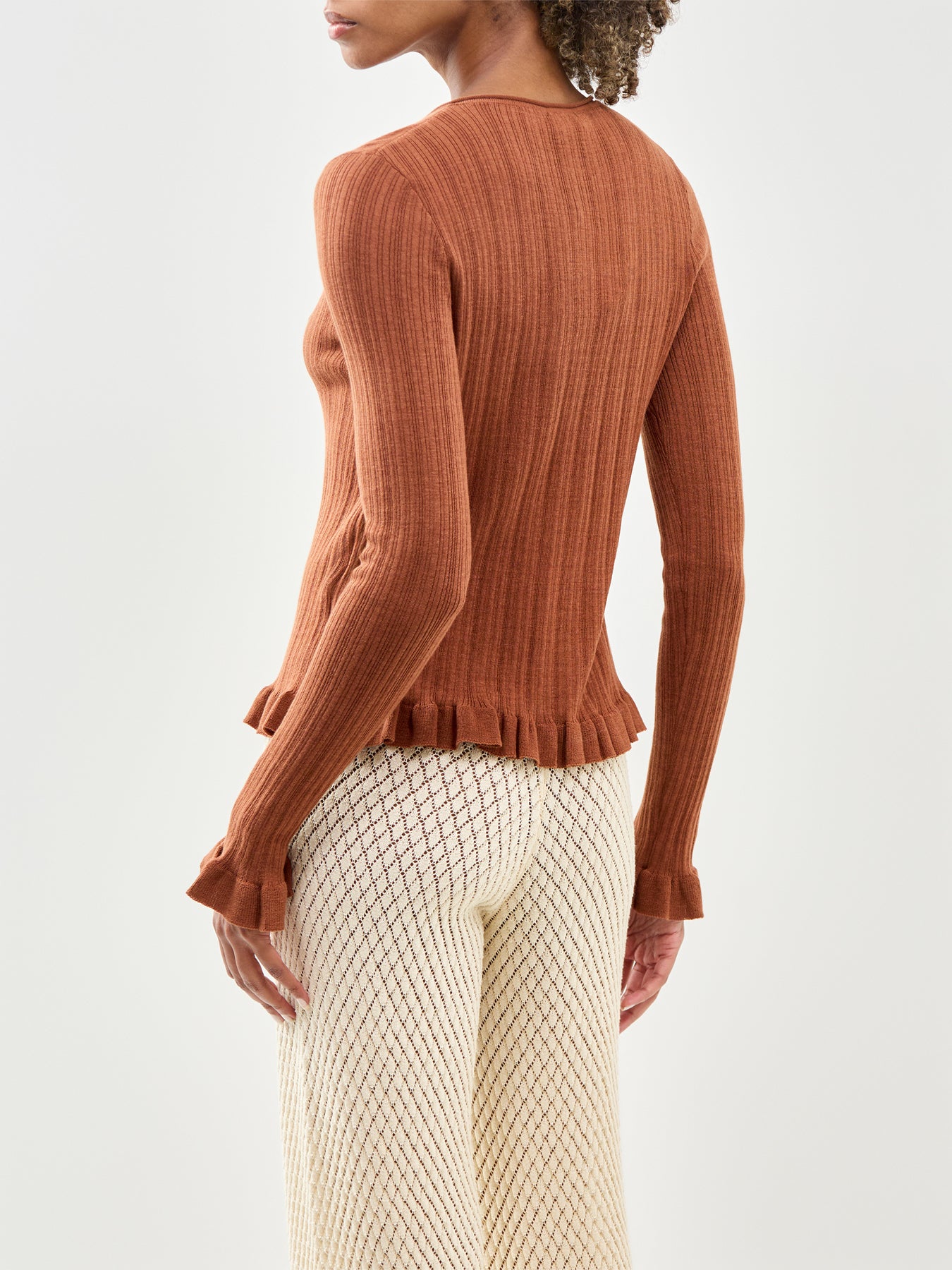 Rib & Ruffle Sheer Knit Cardigan Red