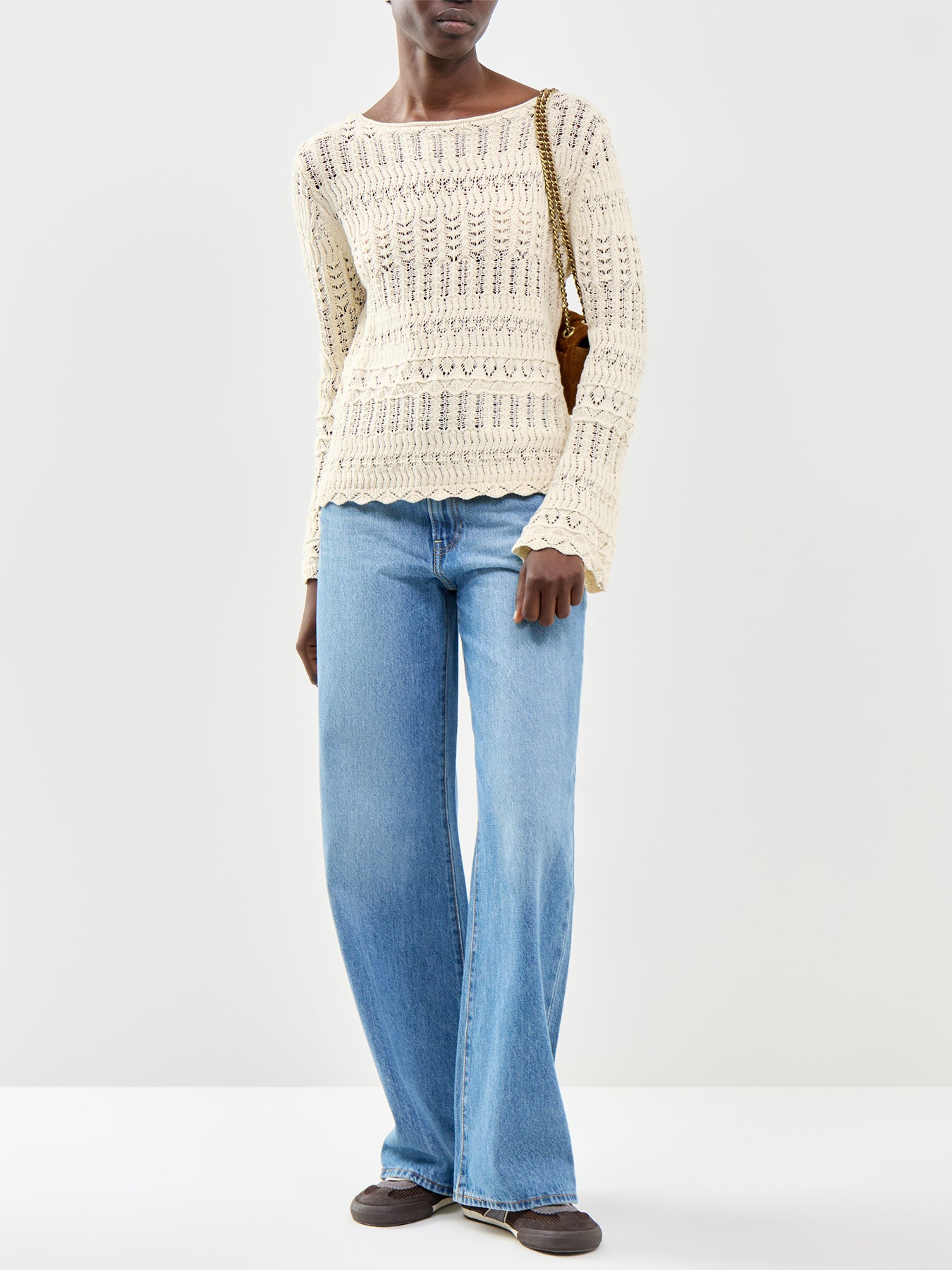 Pointelle Slash Neck Jumper Cream